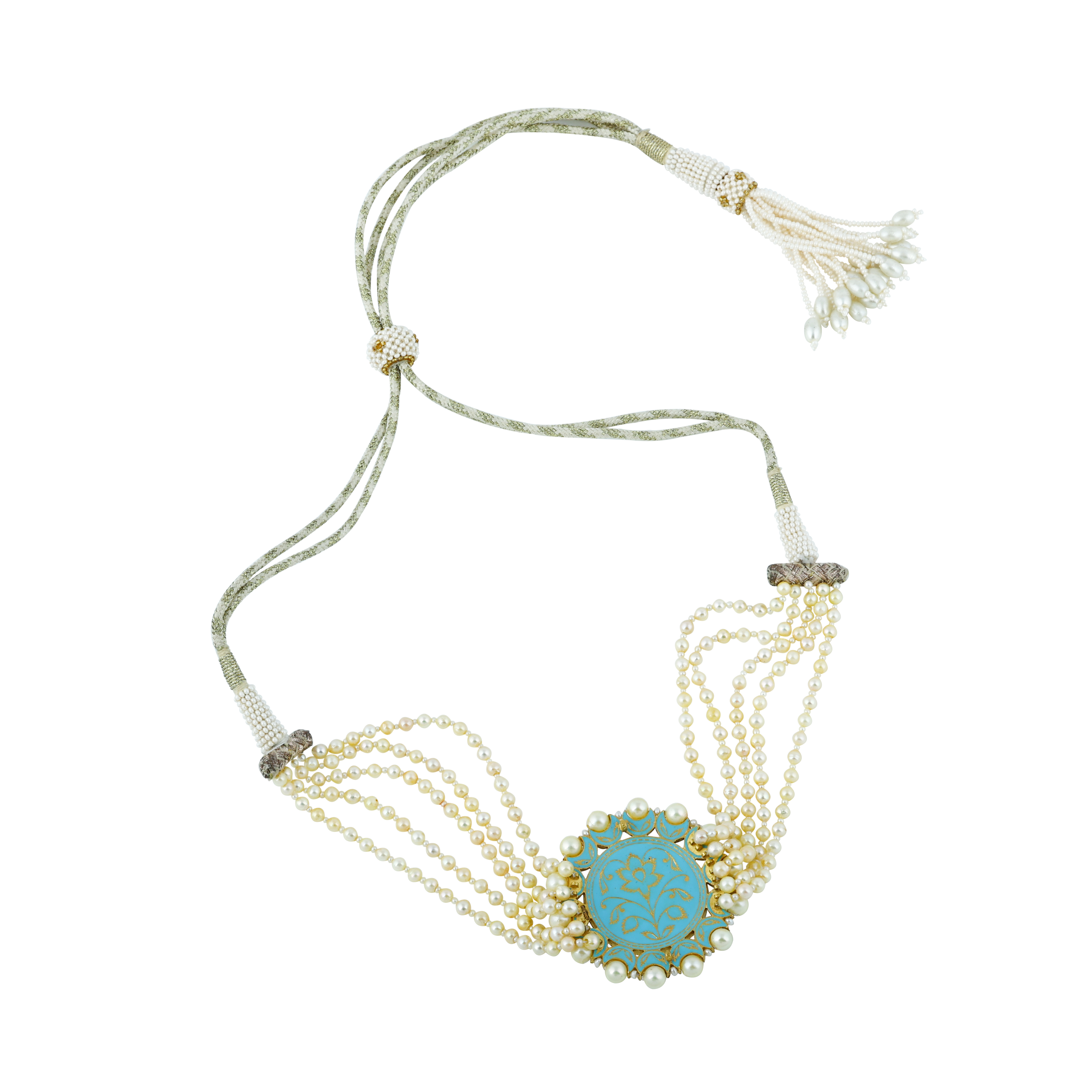 Pearl Choker with Turquoise Enamel and Floral Polki Centerpiece