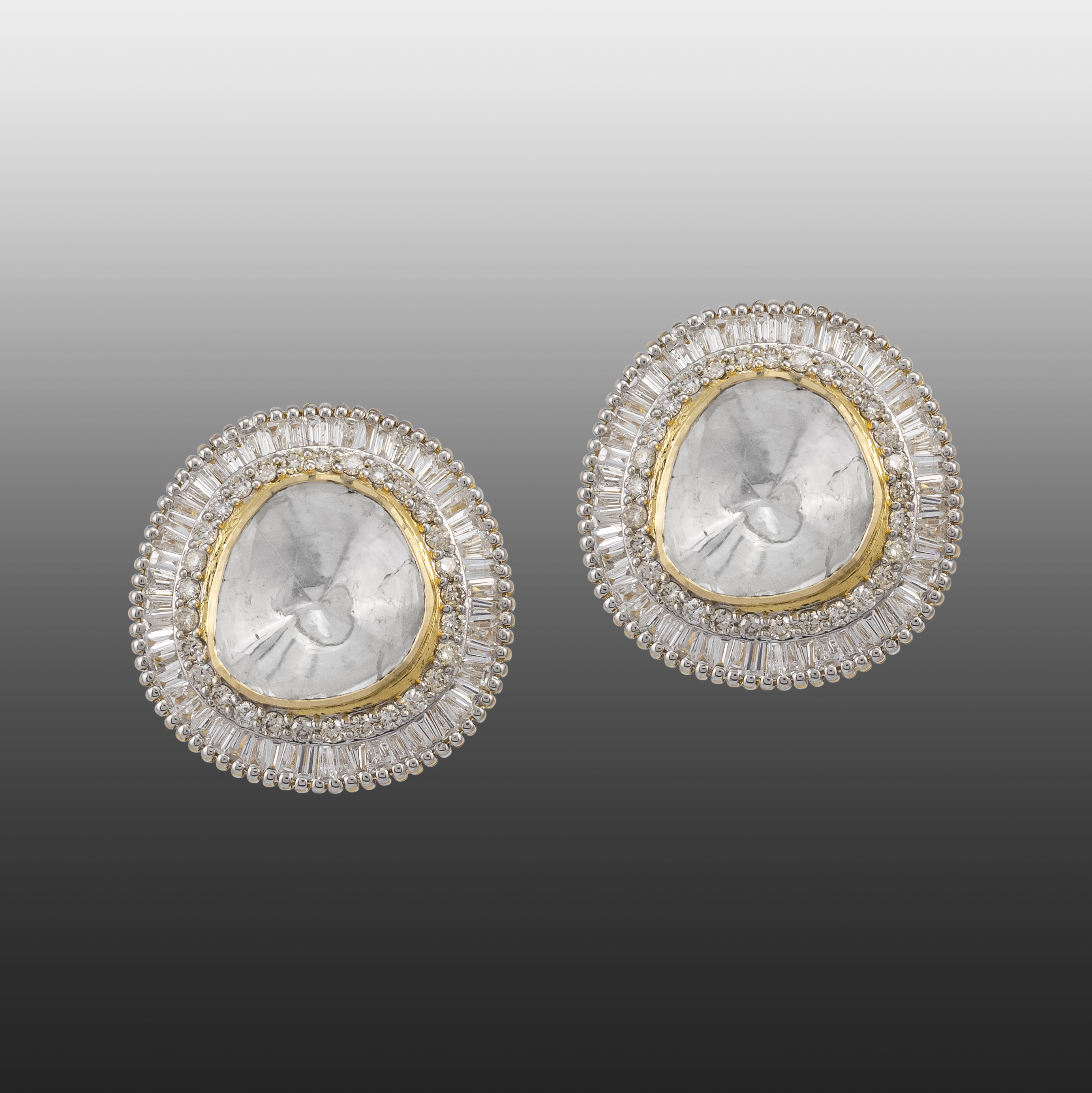 Polki Stud Earrings with Baguette and Full-Cut Diamond Halo