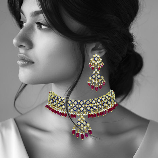 Polki Choker with Blue Enamel, Ruby Drops, and Culture Pearls