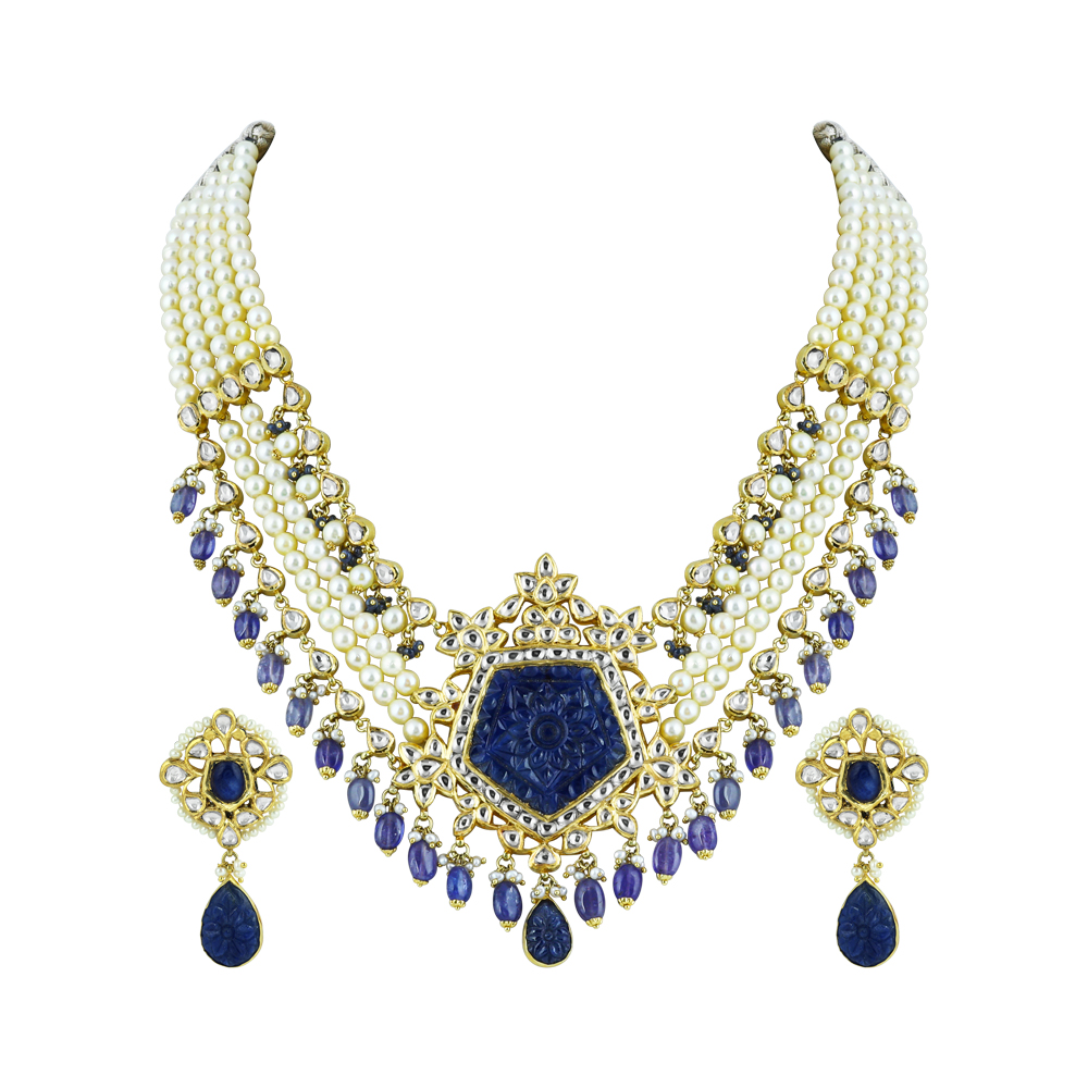 Pearl Strings and Carved Blue Stone Necklace Set with Polki