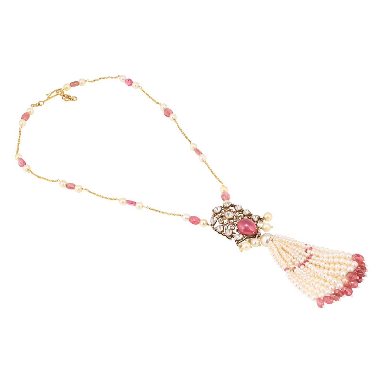 Tourmaline Pendant Necklace with Pearl Tassel and Polkis