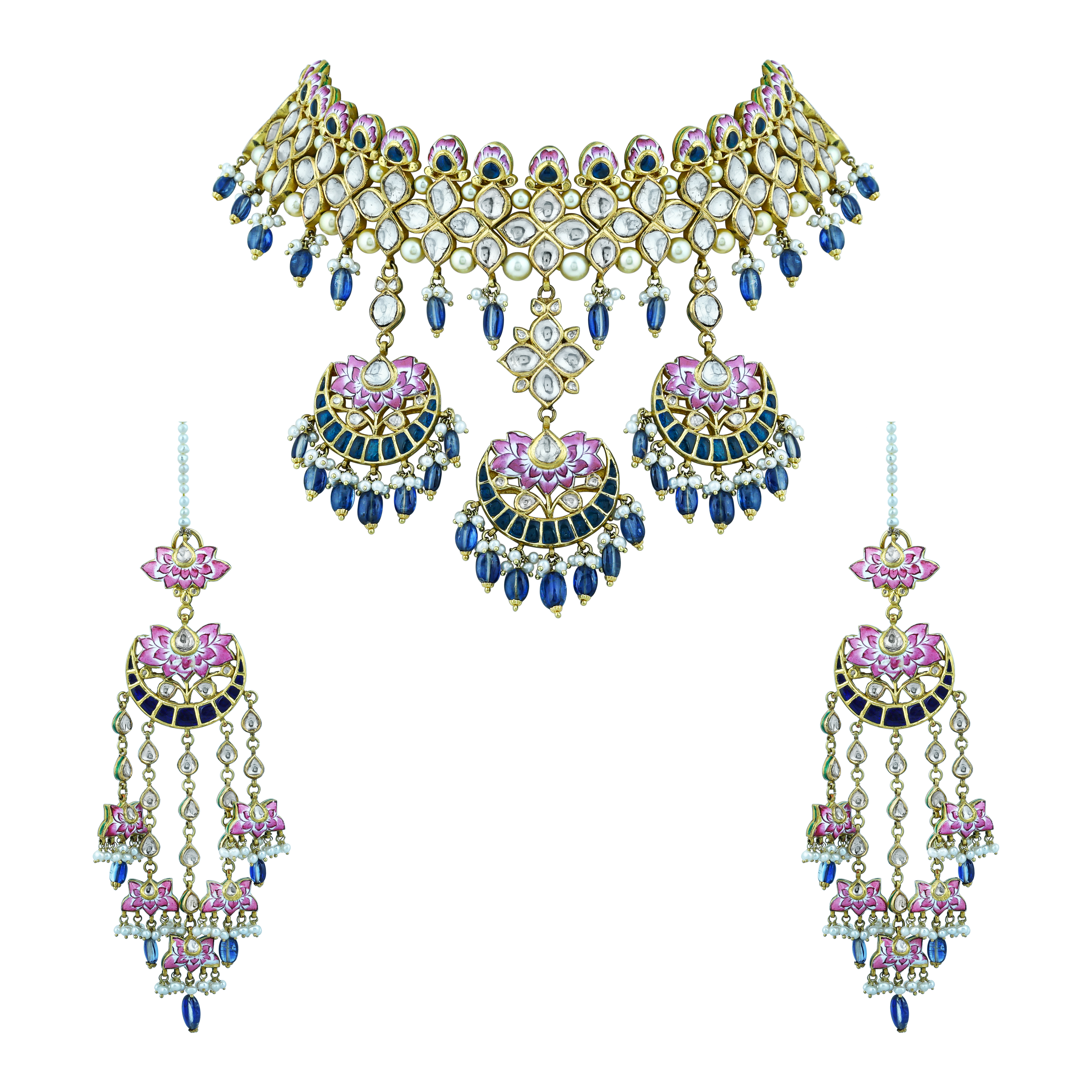 Lotus Enamel Choker Set with Polkis and Blue Kinite Beads