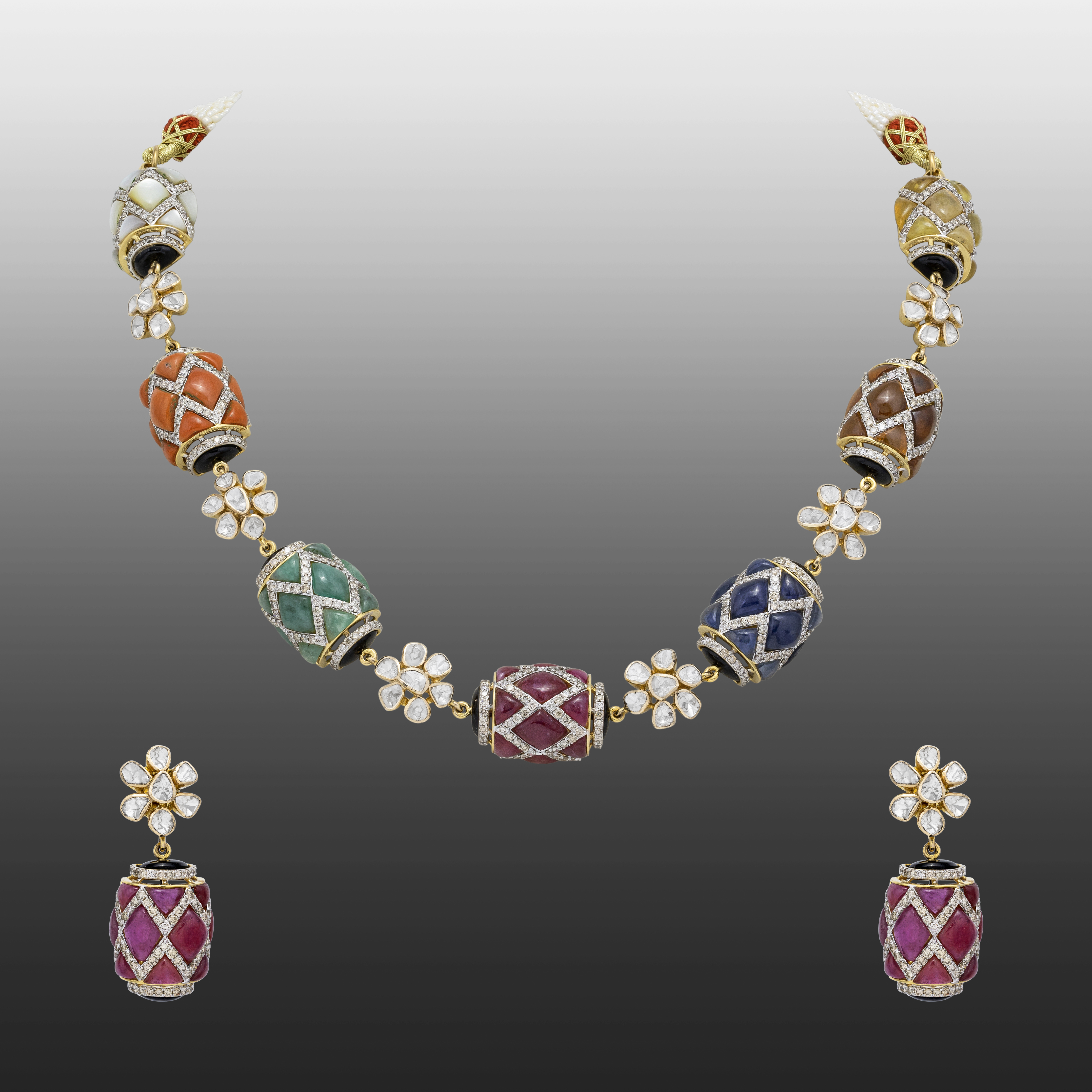 Navratna Bead Necklace with Floral Accents
