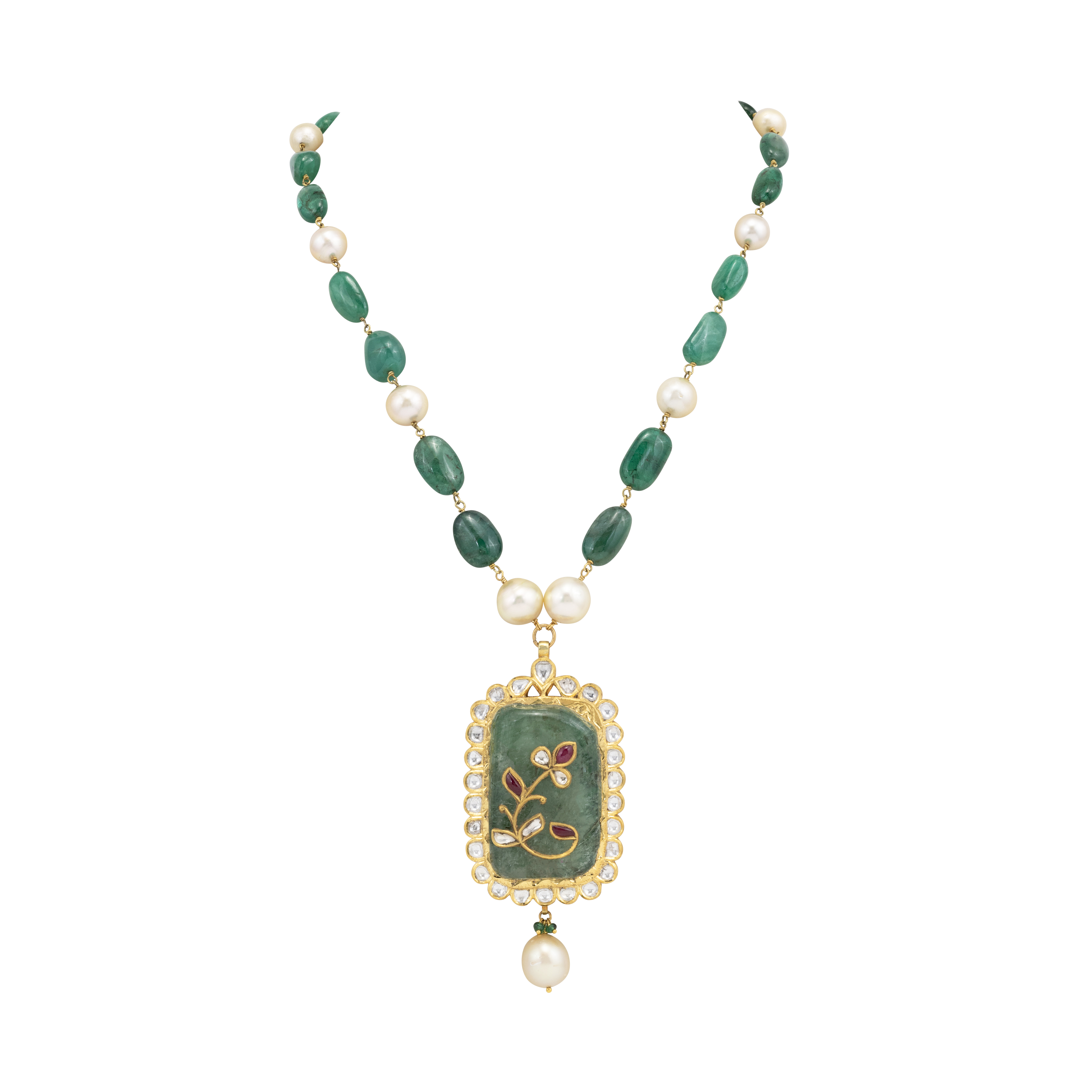 Emerald and Pearl Necklace with Ruby Floral Inlay