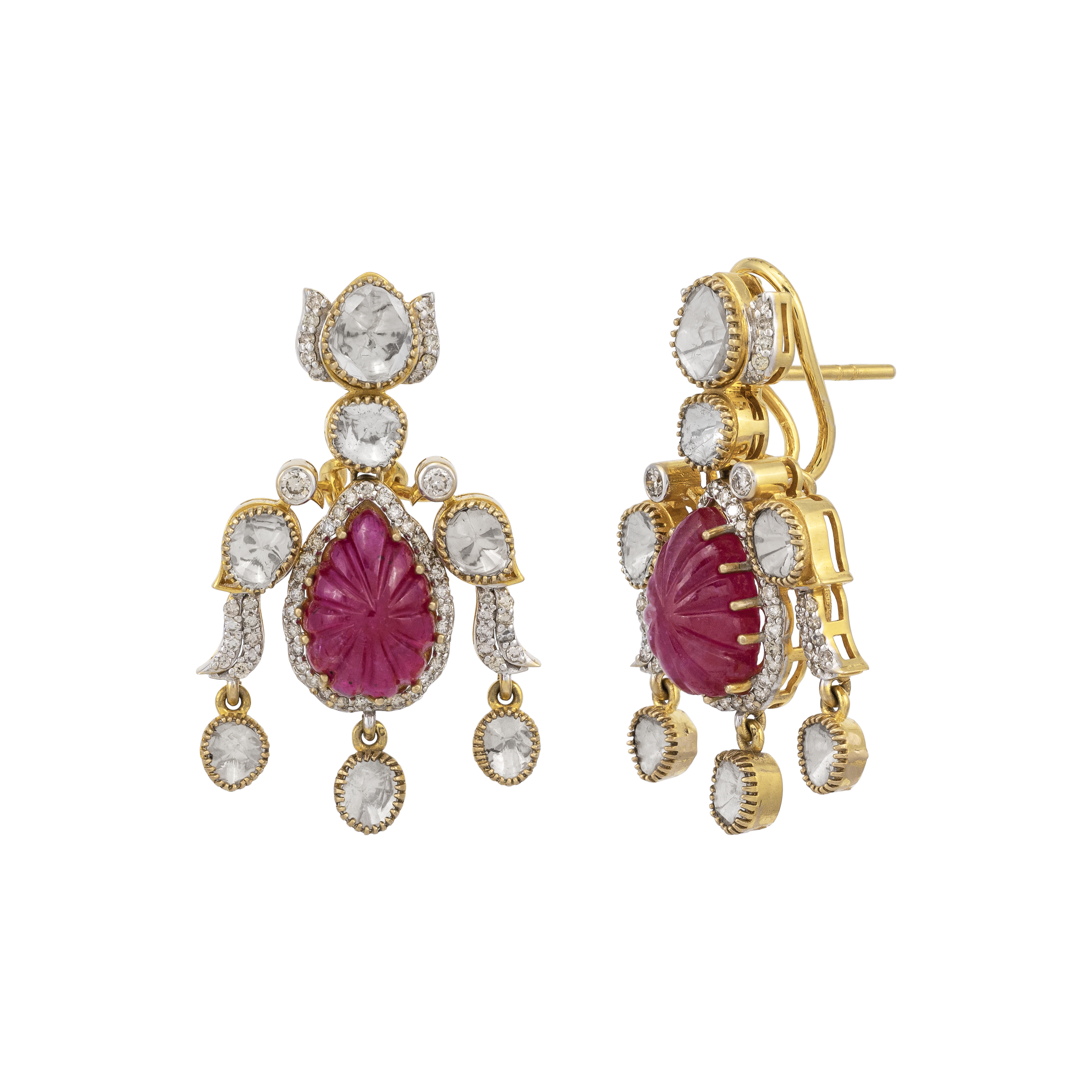 Carved Ruby and Polki Drop Earrings with Bird Motif