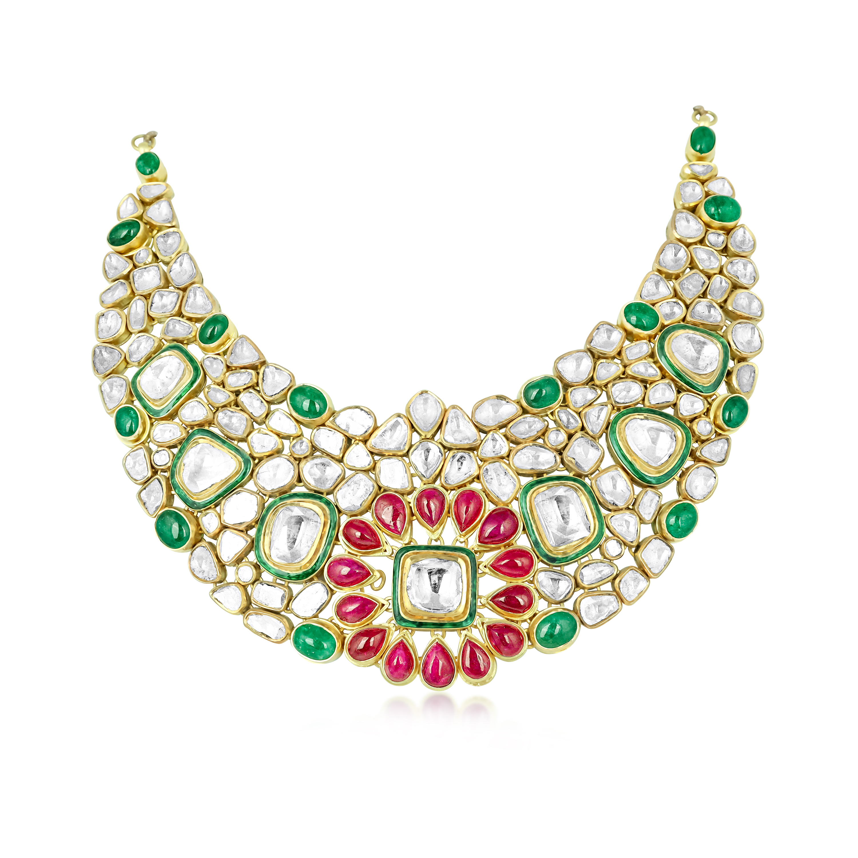 Emerald Cabochon Necklace with Polki and Ruby Floral Motif