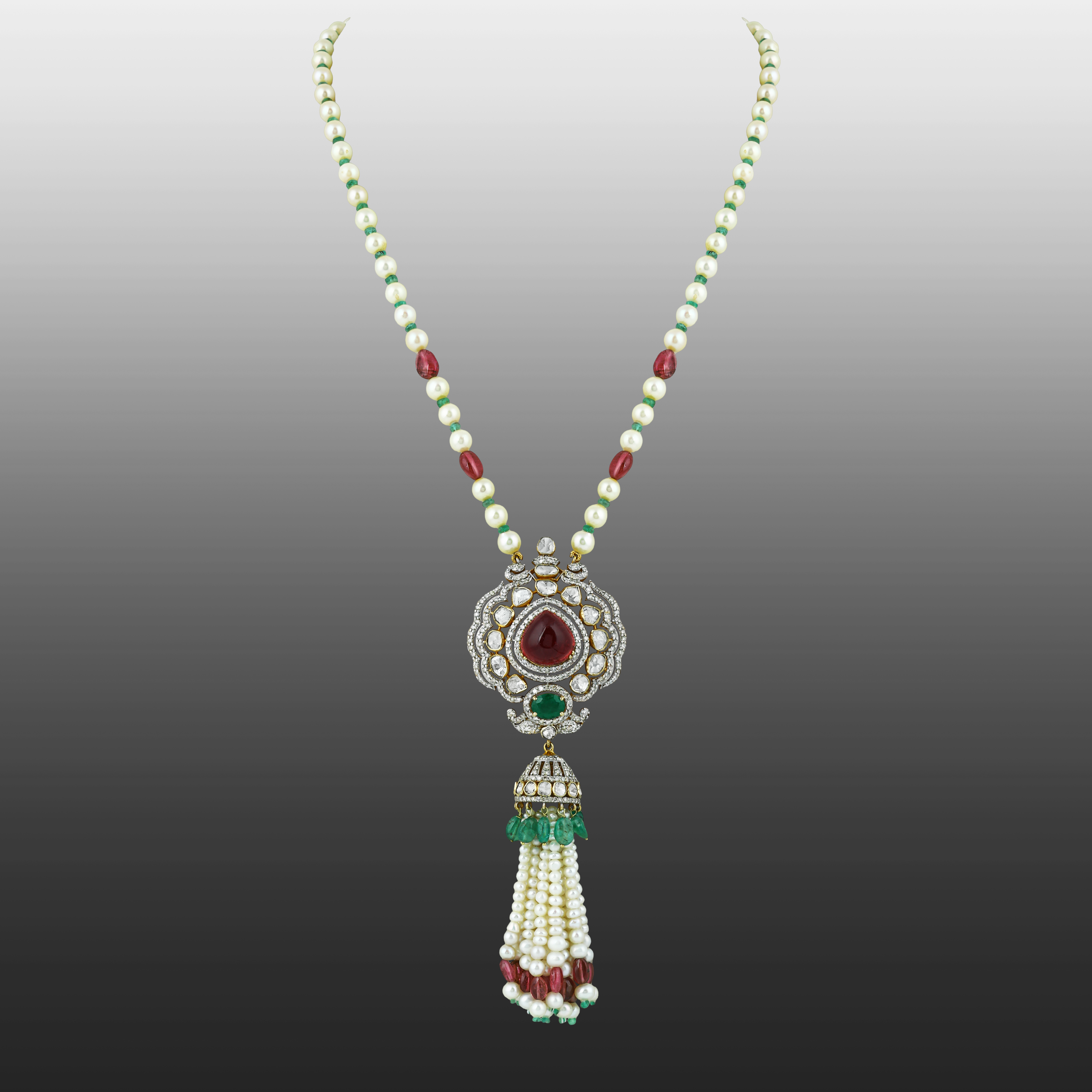 Polki Pendant with Pearl Tassels & Pear Tourmaline