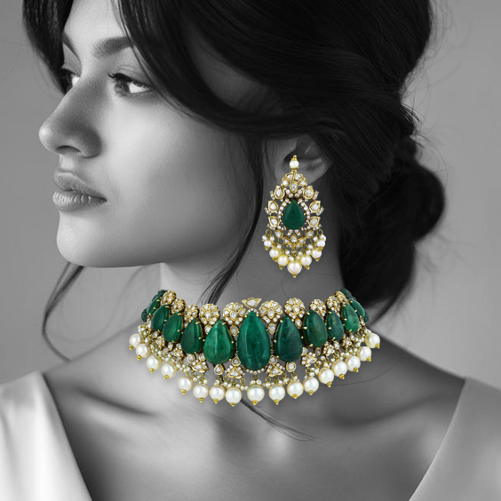 Emerald Drop Cabochon Choker Set with Polki Diamonds and Pearls
