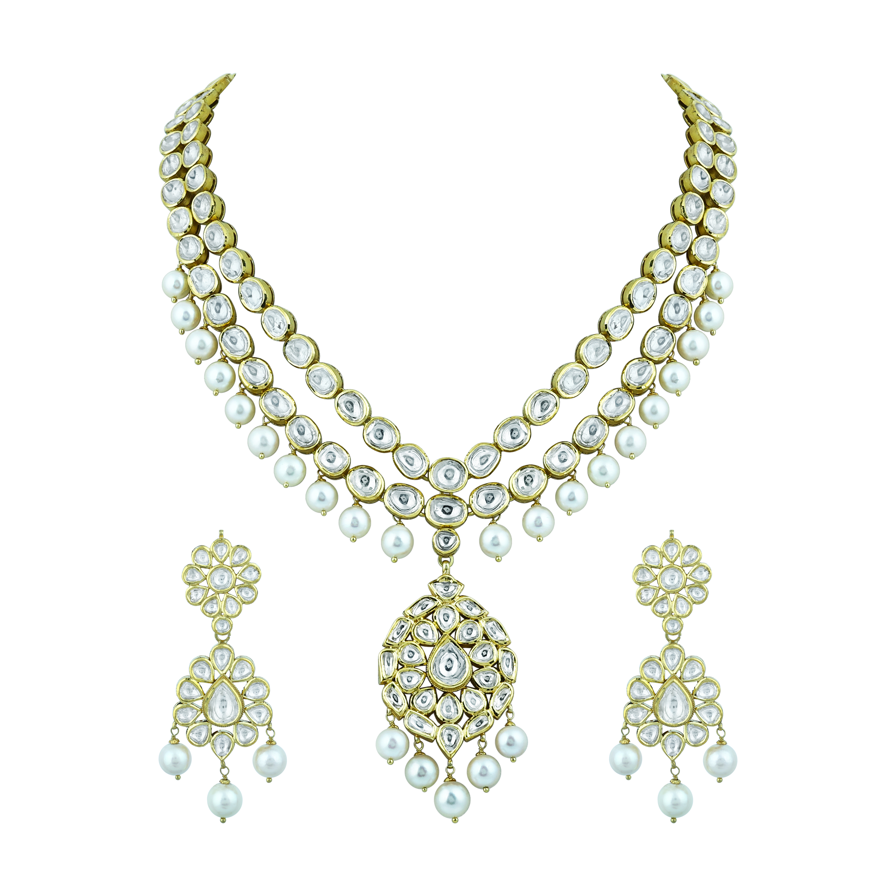 Double-Layer Necklace Pendant Set with Polkis and Pearls