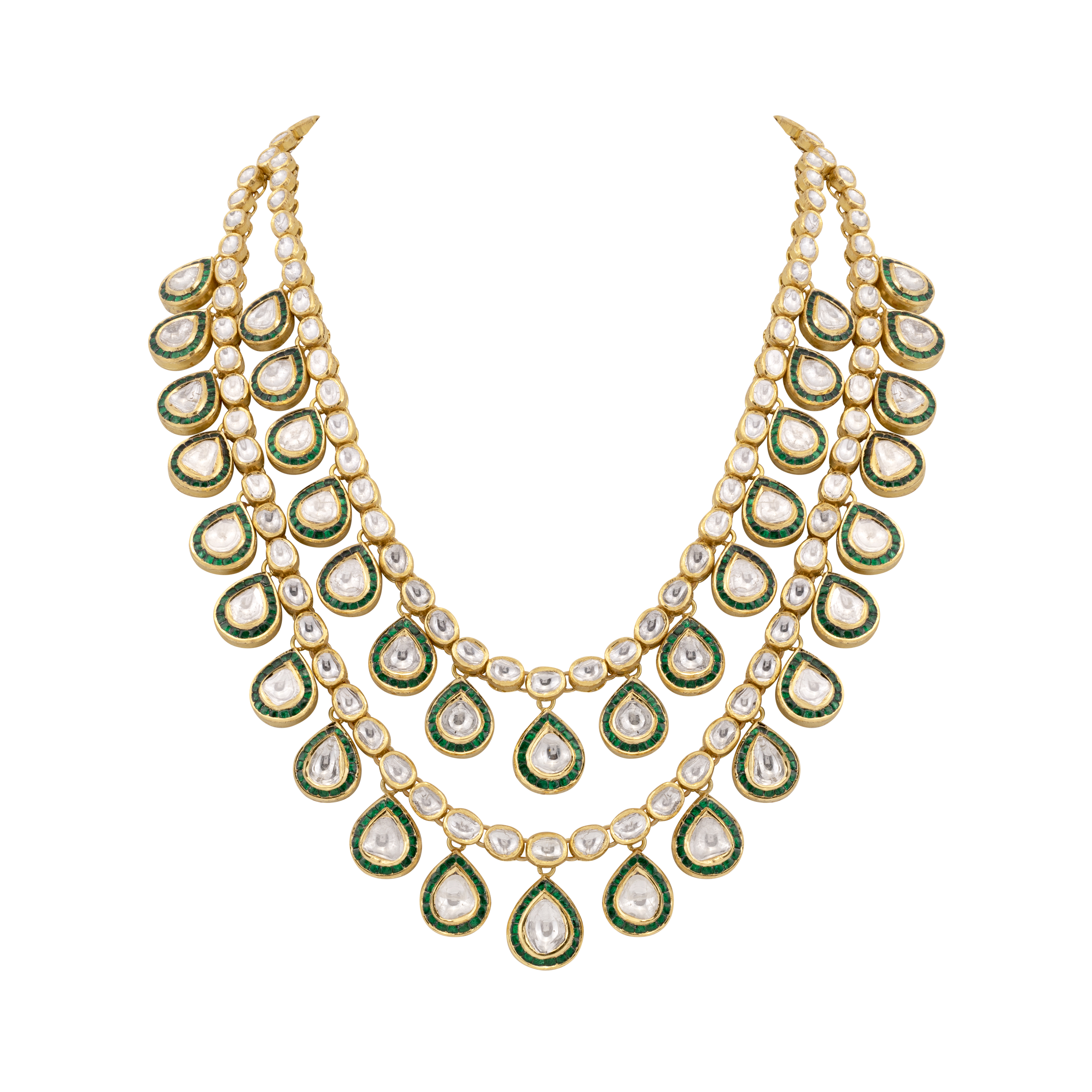 Double-Layered Uncut Diamond Polki Necklace with Green Enamel Border