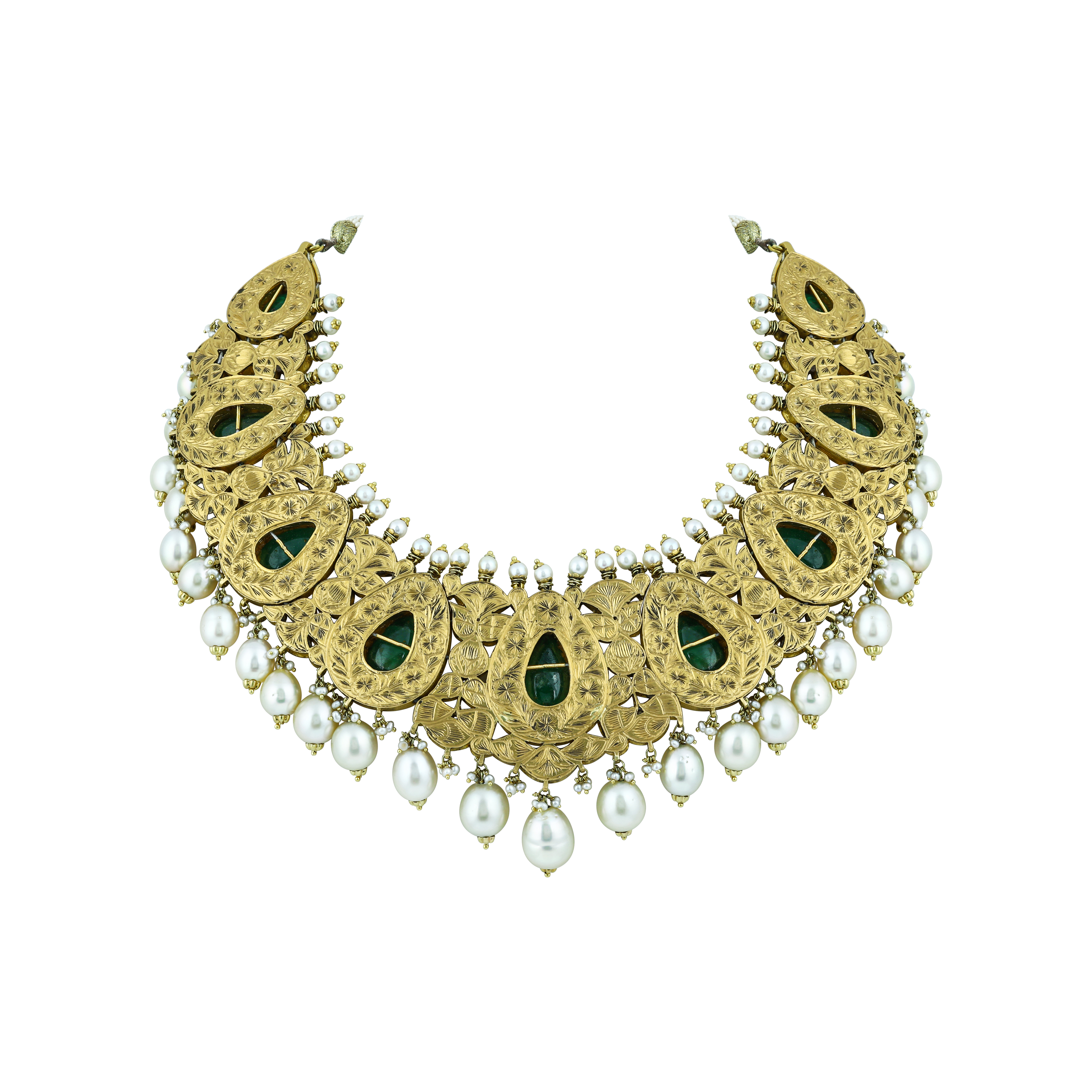 Partash Necklace Set with Uncut Diamonds and Green Pear Cabochons