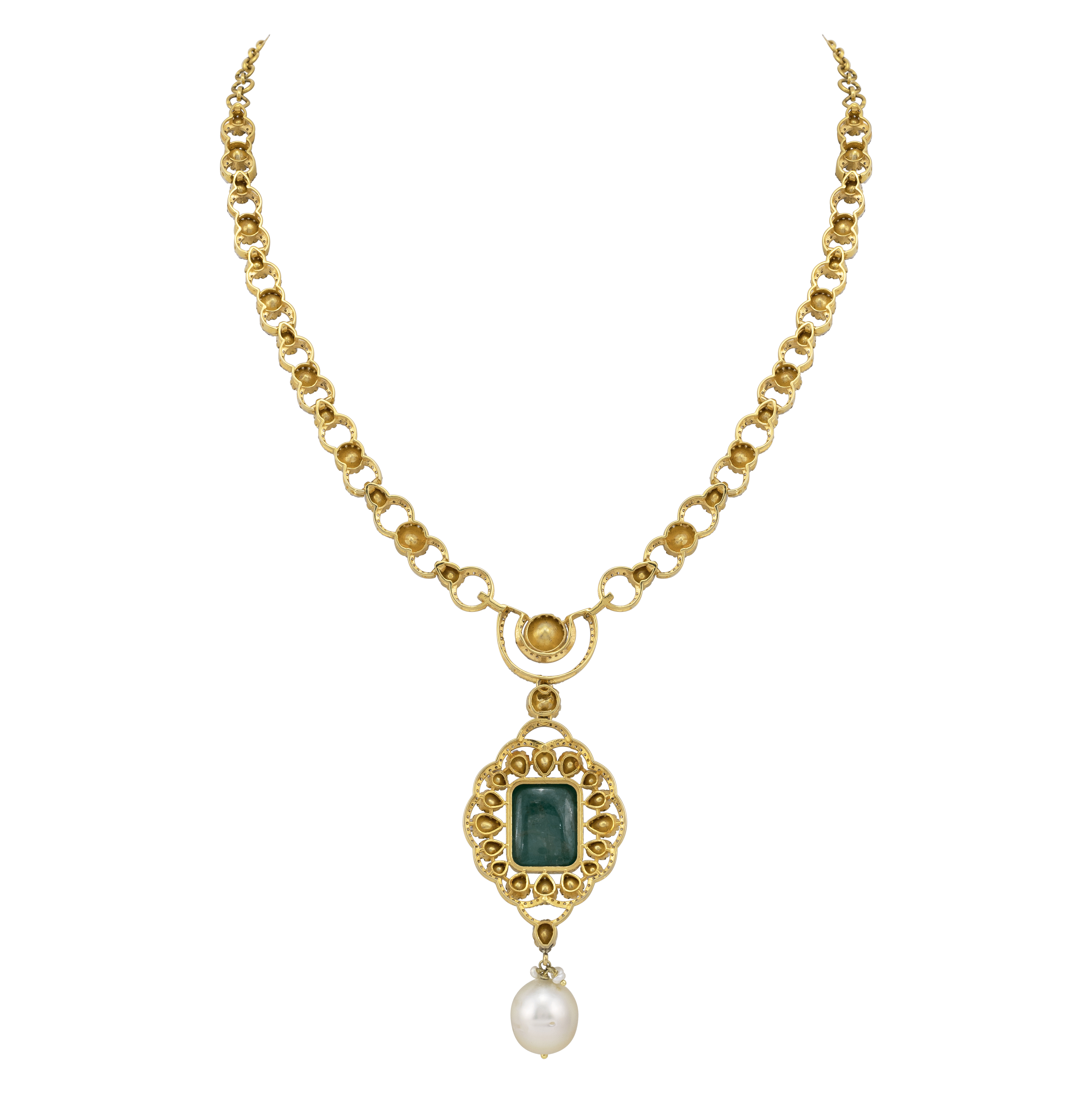 Claw-Set Emerald Pendant with Polki Diamond and Pearl Drops