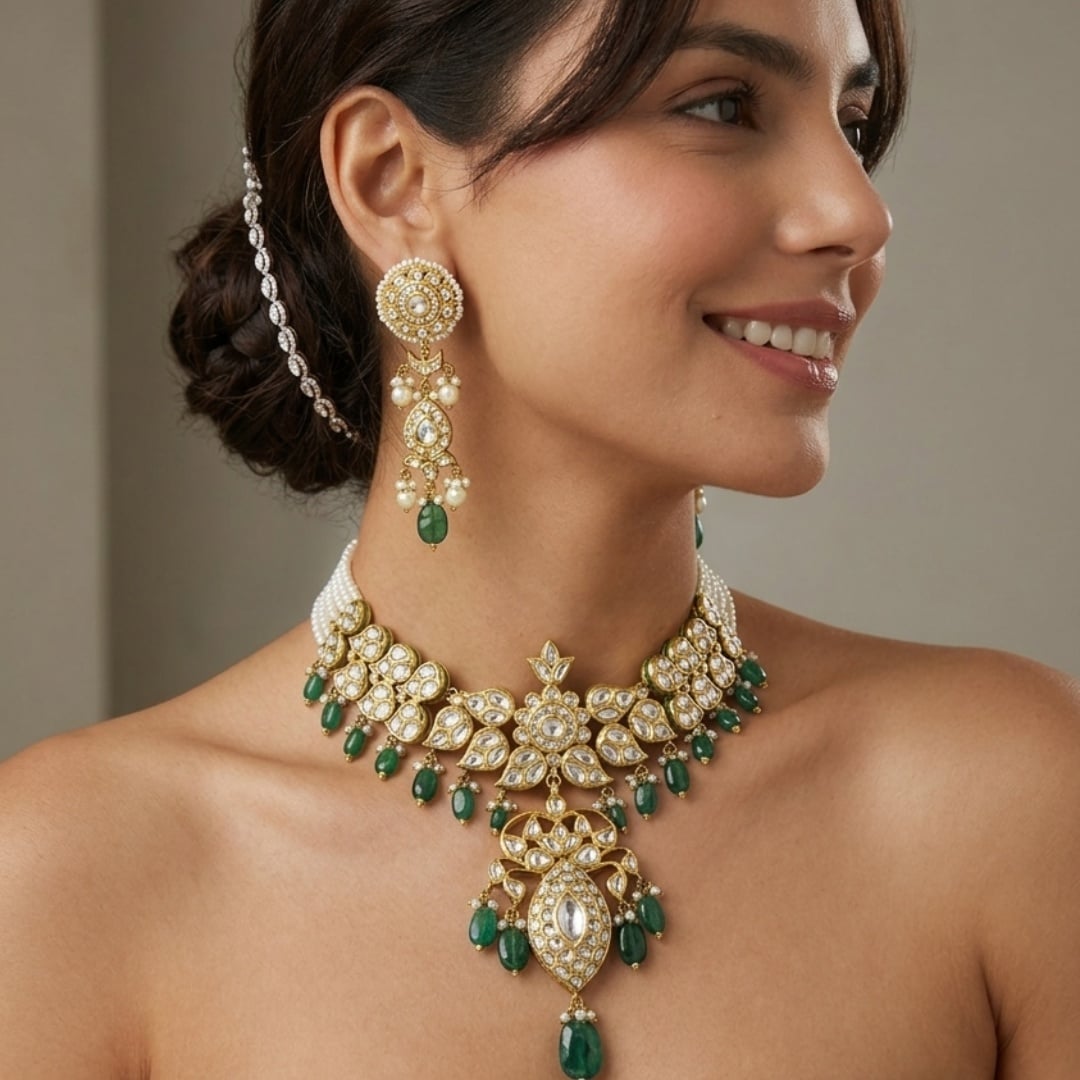 Polki Necklace Set with Emerald Drops and Pearl Strands