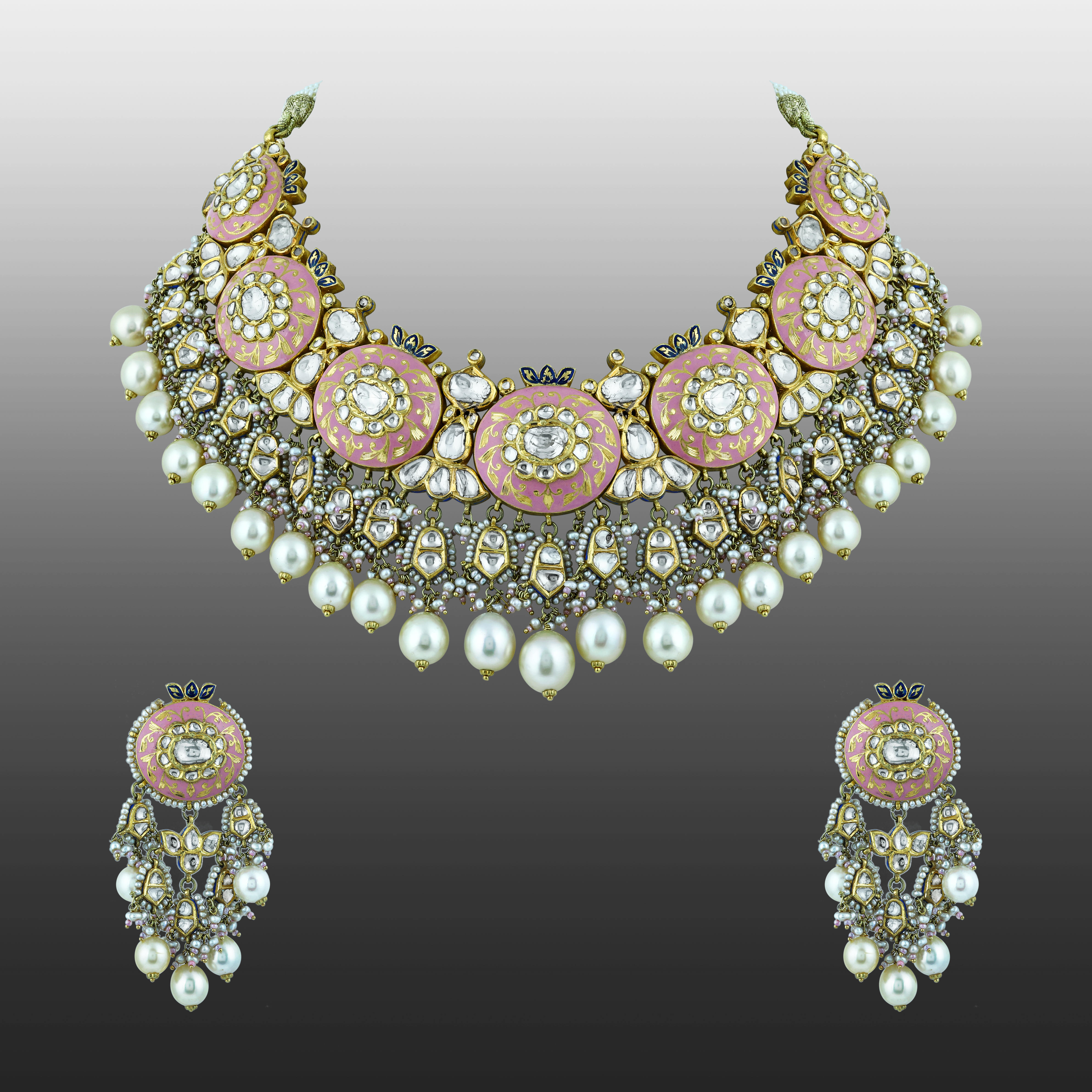 Pink Enamel Necklace Set with Uncut Diamond Polkis & Pearls