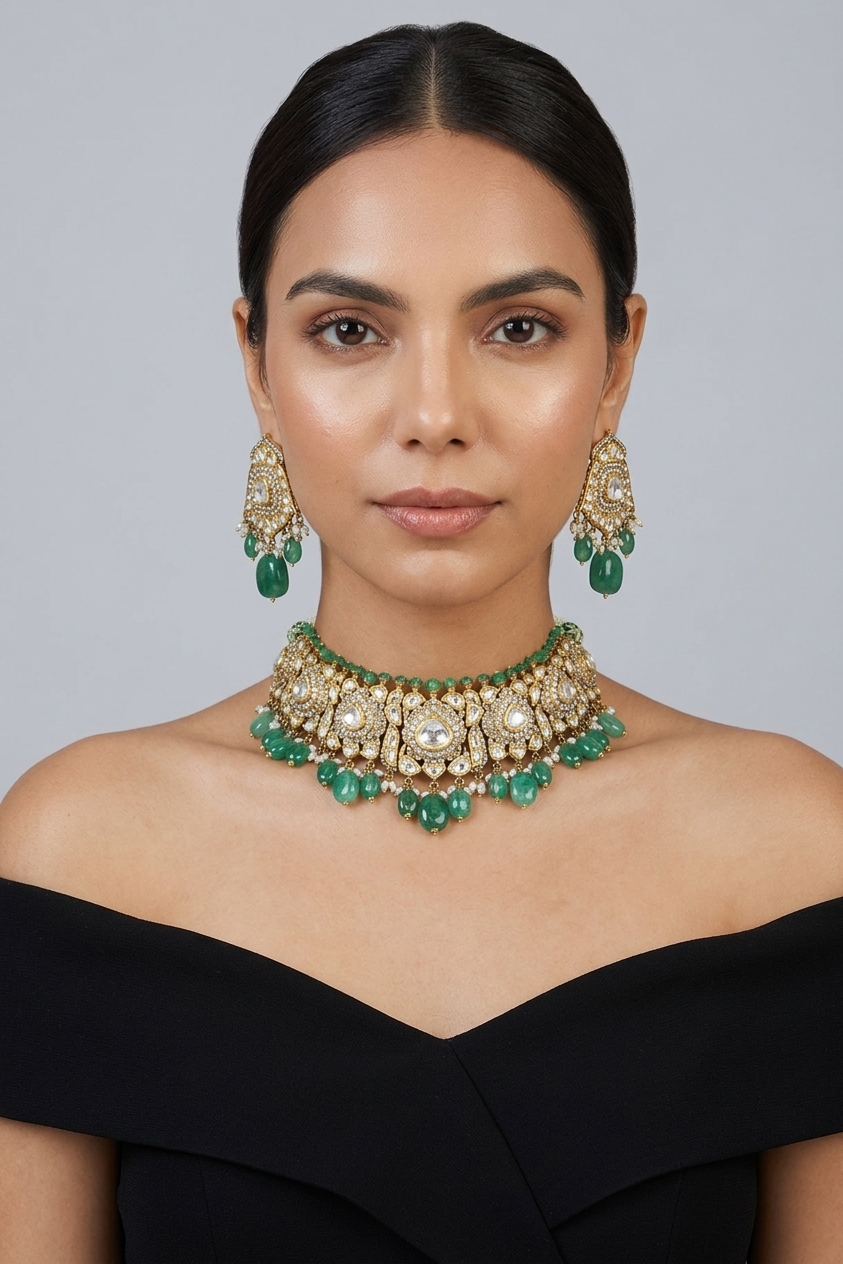 Victorian Rose-Cut Diamond Choker Set with Emerald Beads