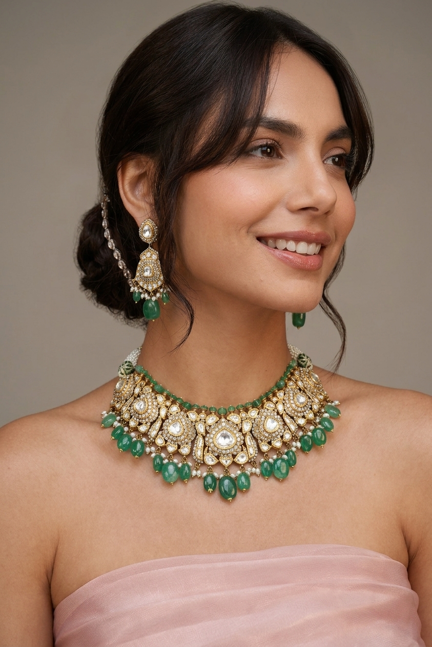 Victorian Rose-Cut Diamond Choker Set with Emerald Beads