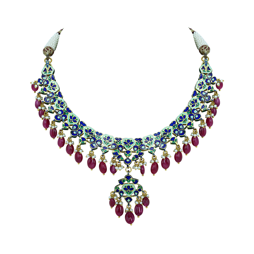 Polki Necklace with Ruby Drops and Red Enamel