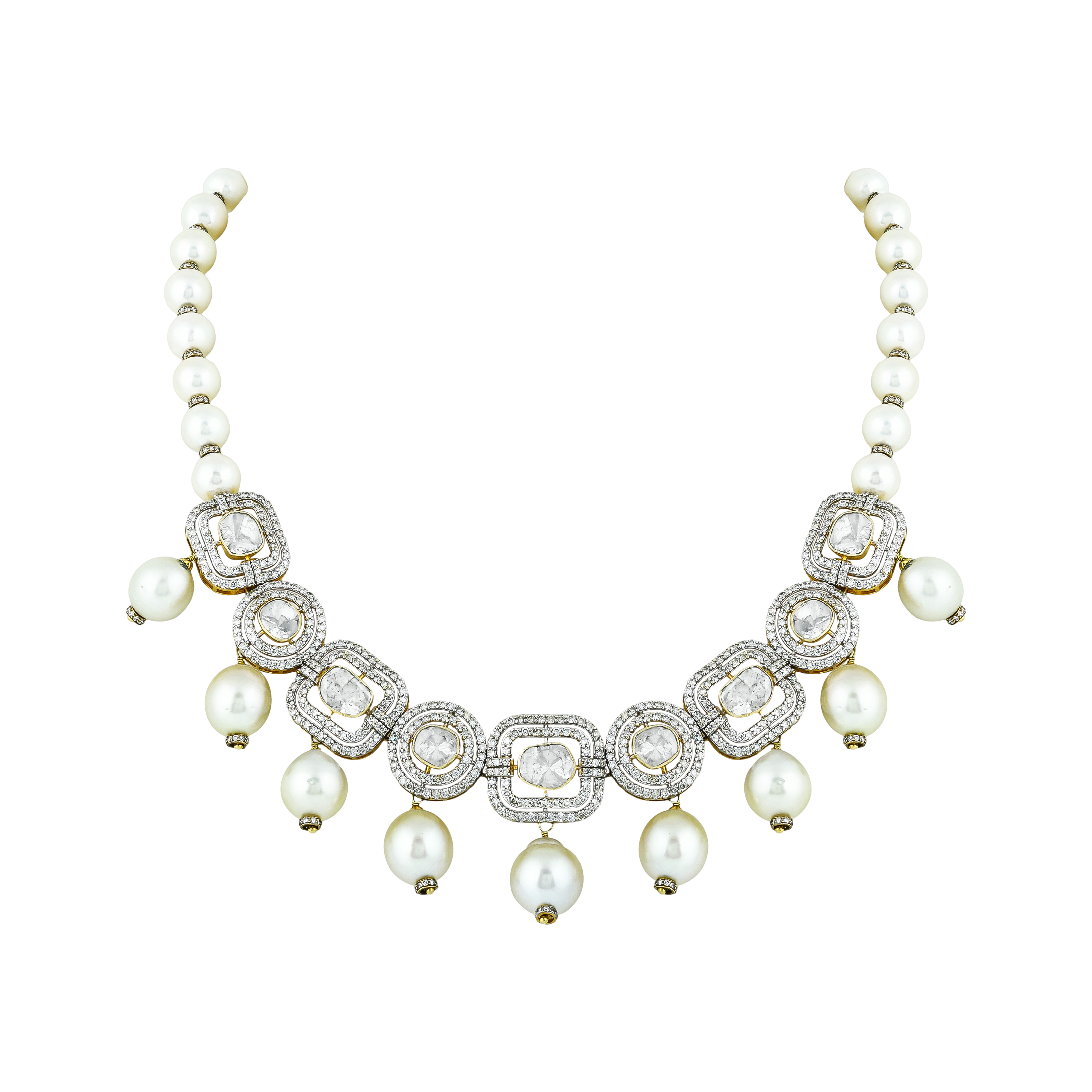 Square Polki Necklace with Diamond Frames & Southsea Pearls