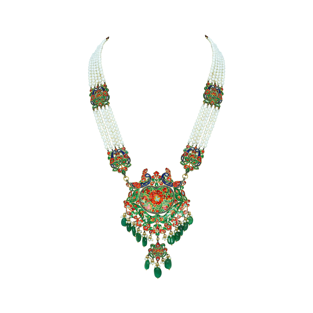 Peacock Meenakari Pendant with Pearl Strings and Emerald Drops