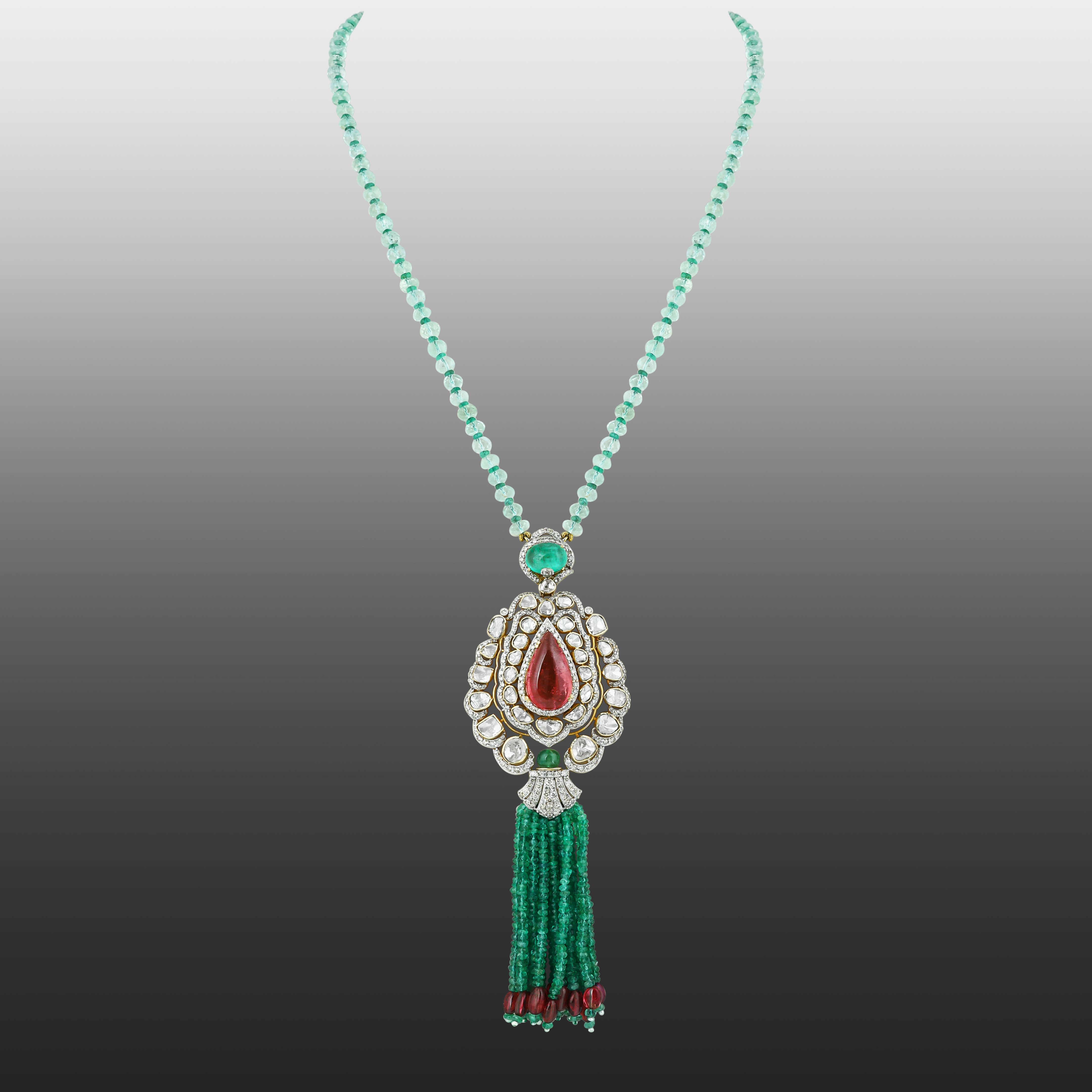 Pear Tourmaline Polki Pendant with Emerald Bead Tassels