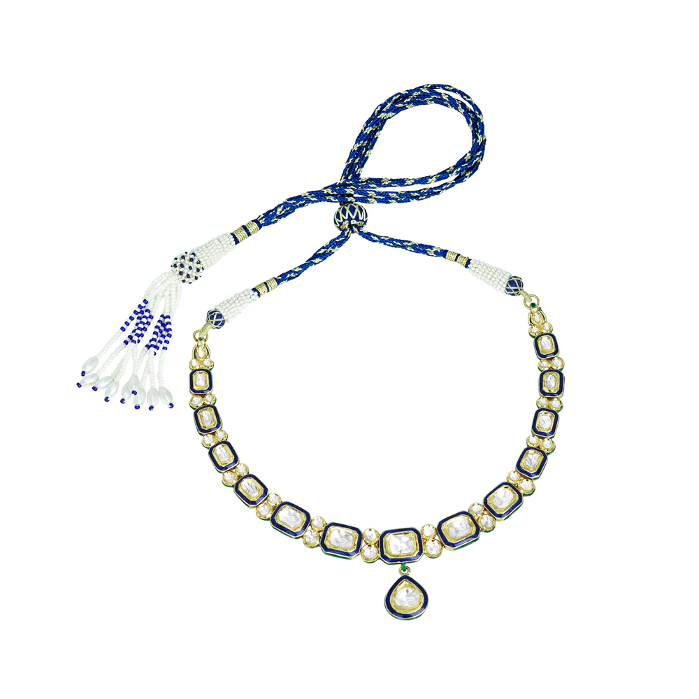 Square and Teardrop Polki Necklace with Blue Meena