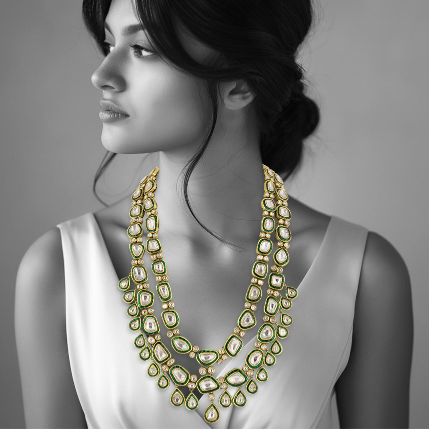 Two-Layered Polki Long Line with Teardrops and Green Talaf