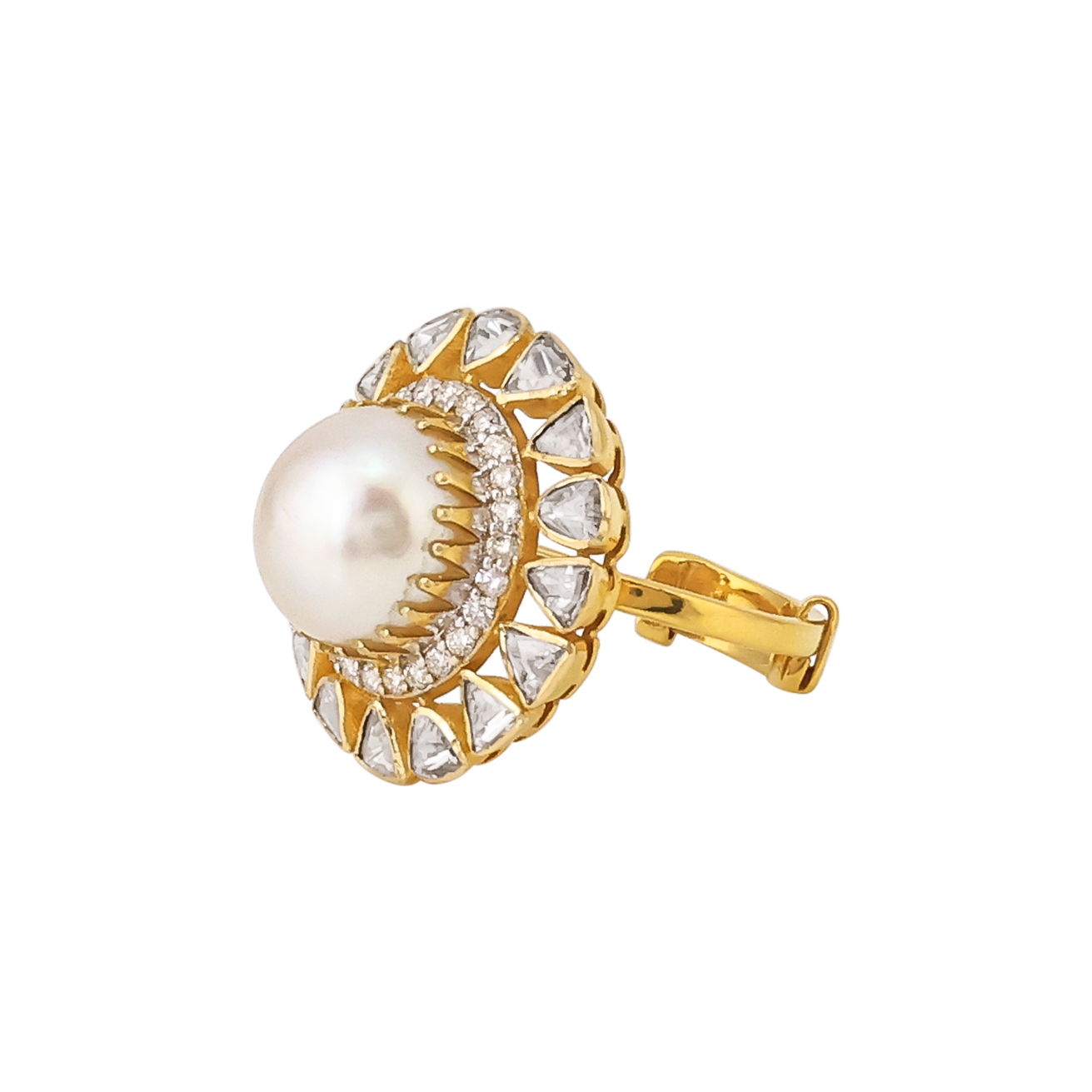 Pearl Ring with Polki and Full-Cut Diamond Halo