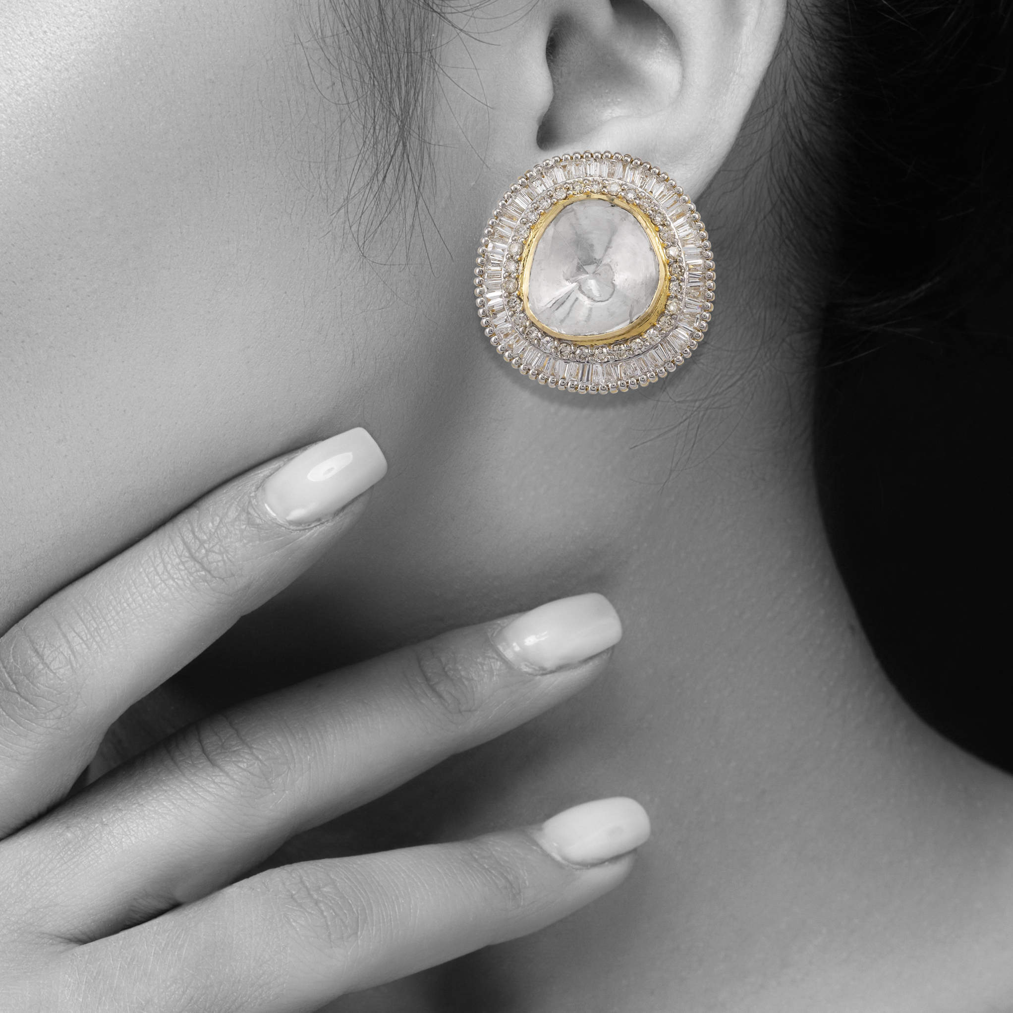 Polki Stud Earrings with Baguette and Full-Cut Diamond Halo
