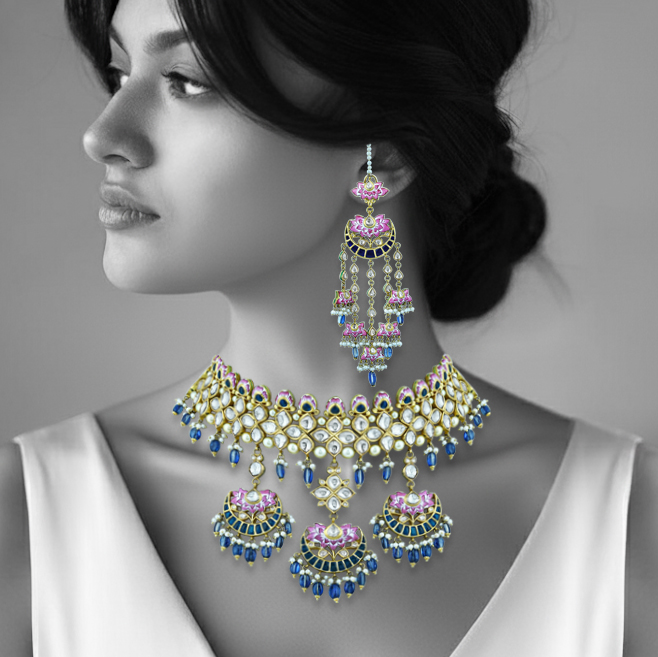 Lotus Enamel Choker Set with Polkis and Blue Kinite Beads