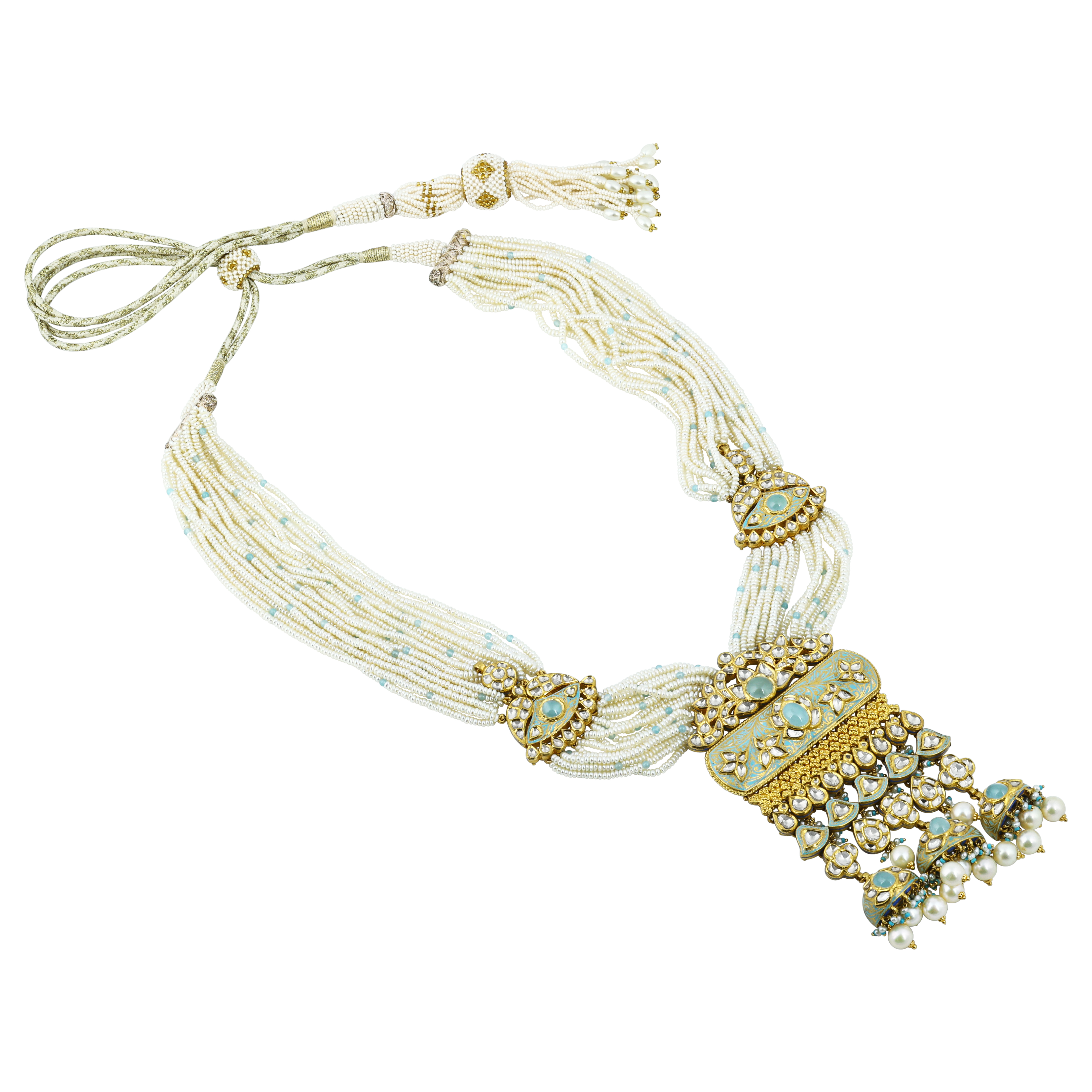 Multi-Strand Pearl Necklace Set with Polki Pendant and Blue Enamel