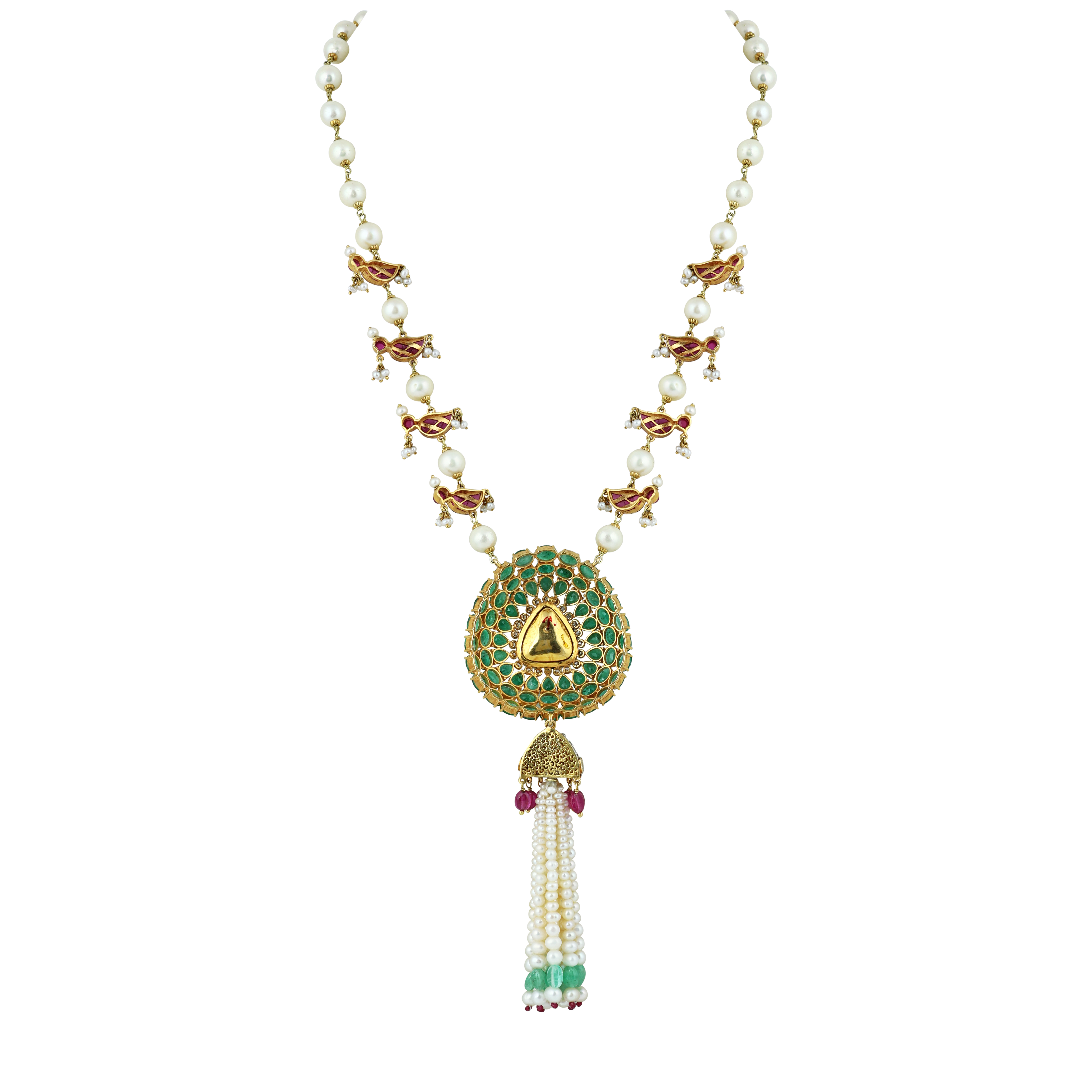 Emerald Polki Pendant with Ruby Motifs & Pearl-Emerald Tassels