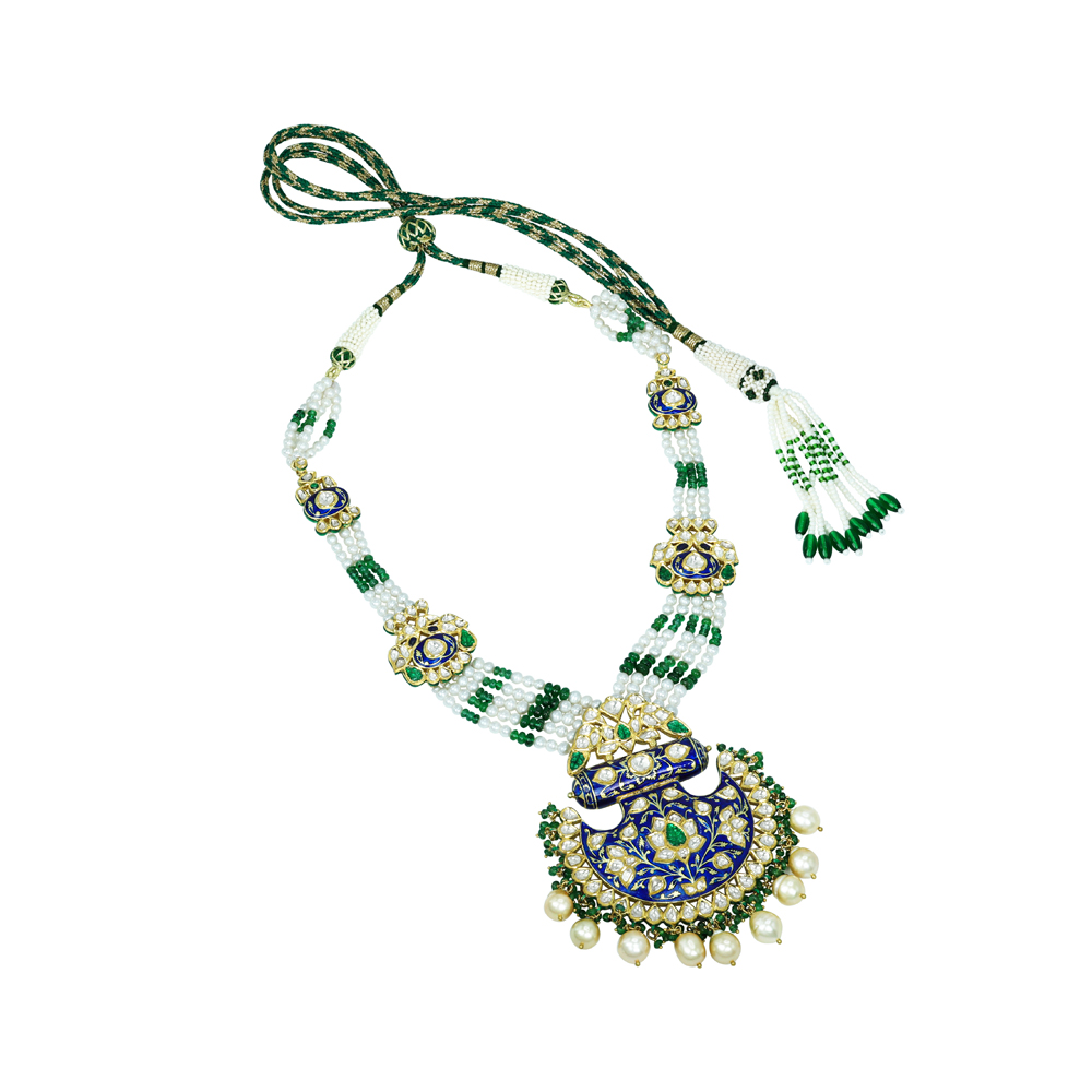 Pankhi-Style Polki Necklace with Blue Enamel and Emerald Accents