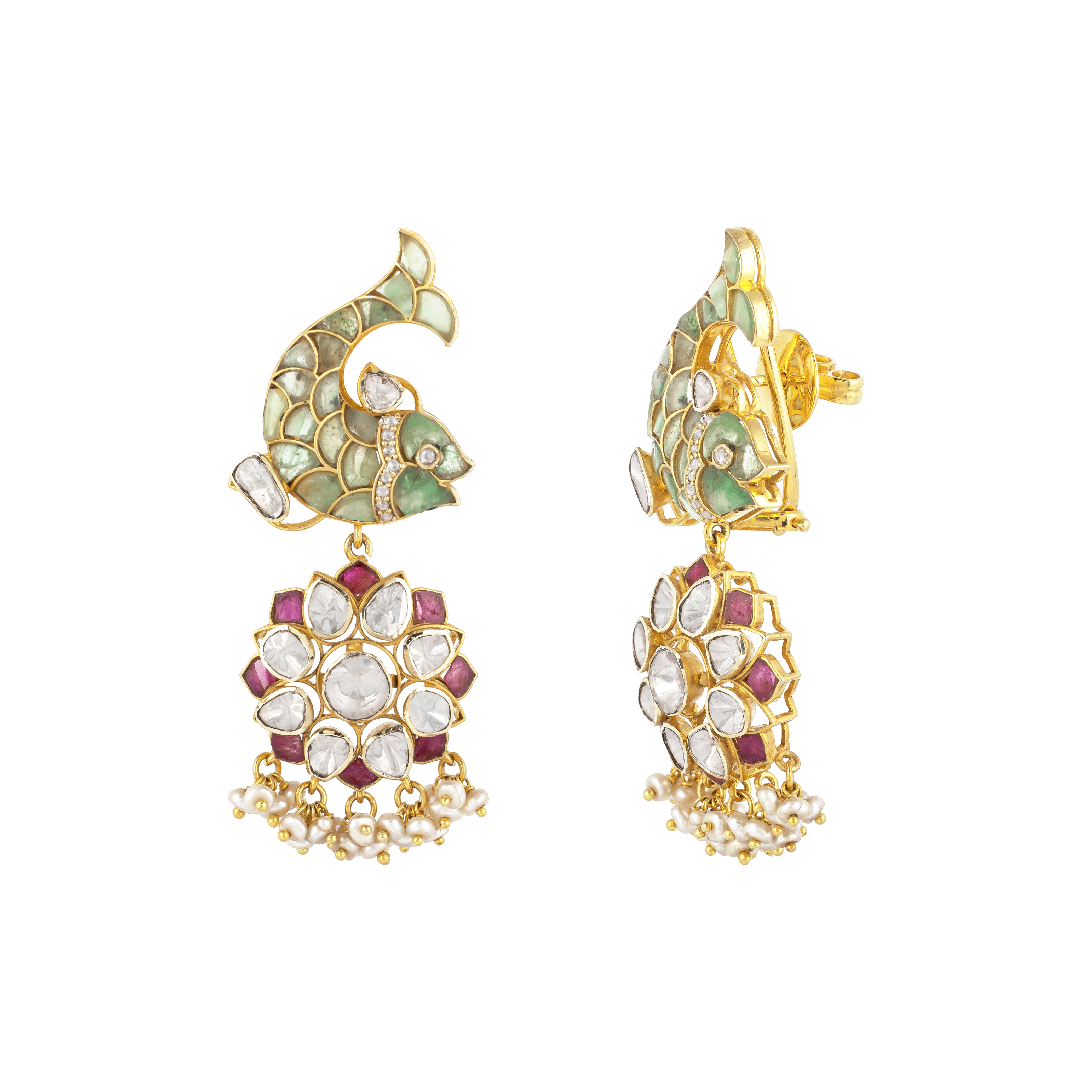 Floral Polki Diamond Choker Set with Green Talaf & Fish Motifs