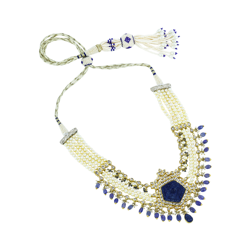 Pearl Strings and Carved Blue Stone Necklace Set with Polki