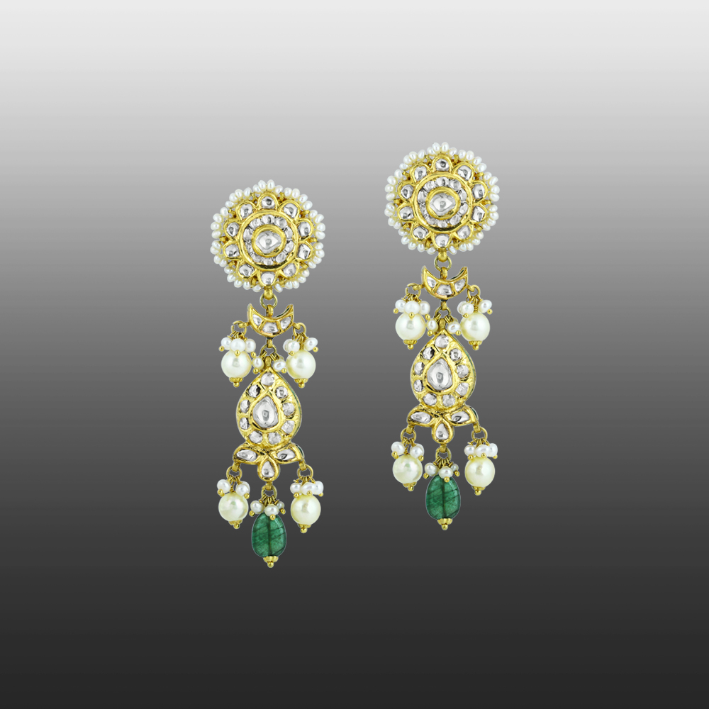 Polki Necklace Set with Emerald Drops and Pearl Strands