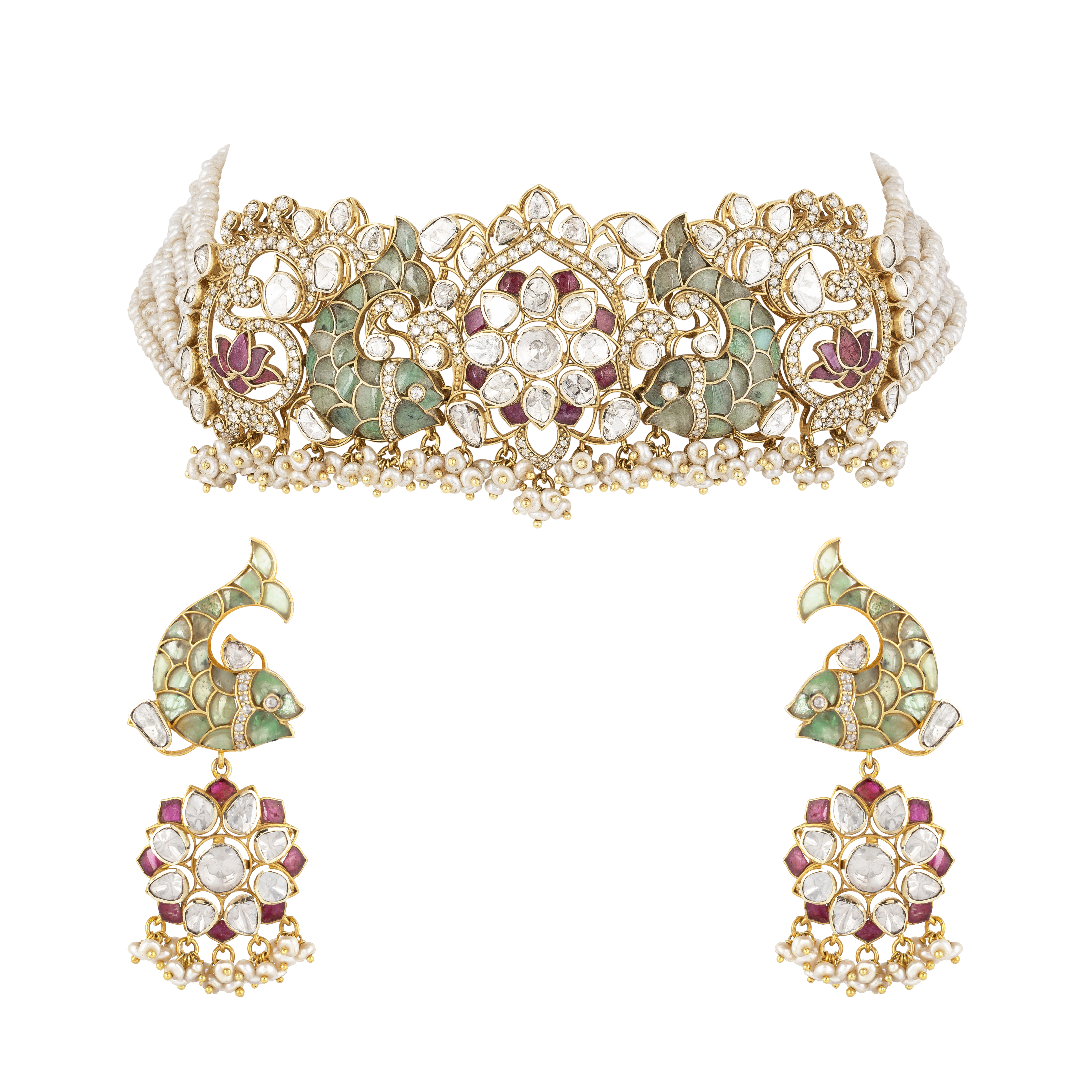 Floral Polki Diamond Choker Set with Green Talaf & Fish Motifs