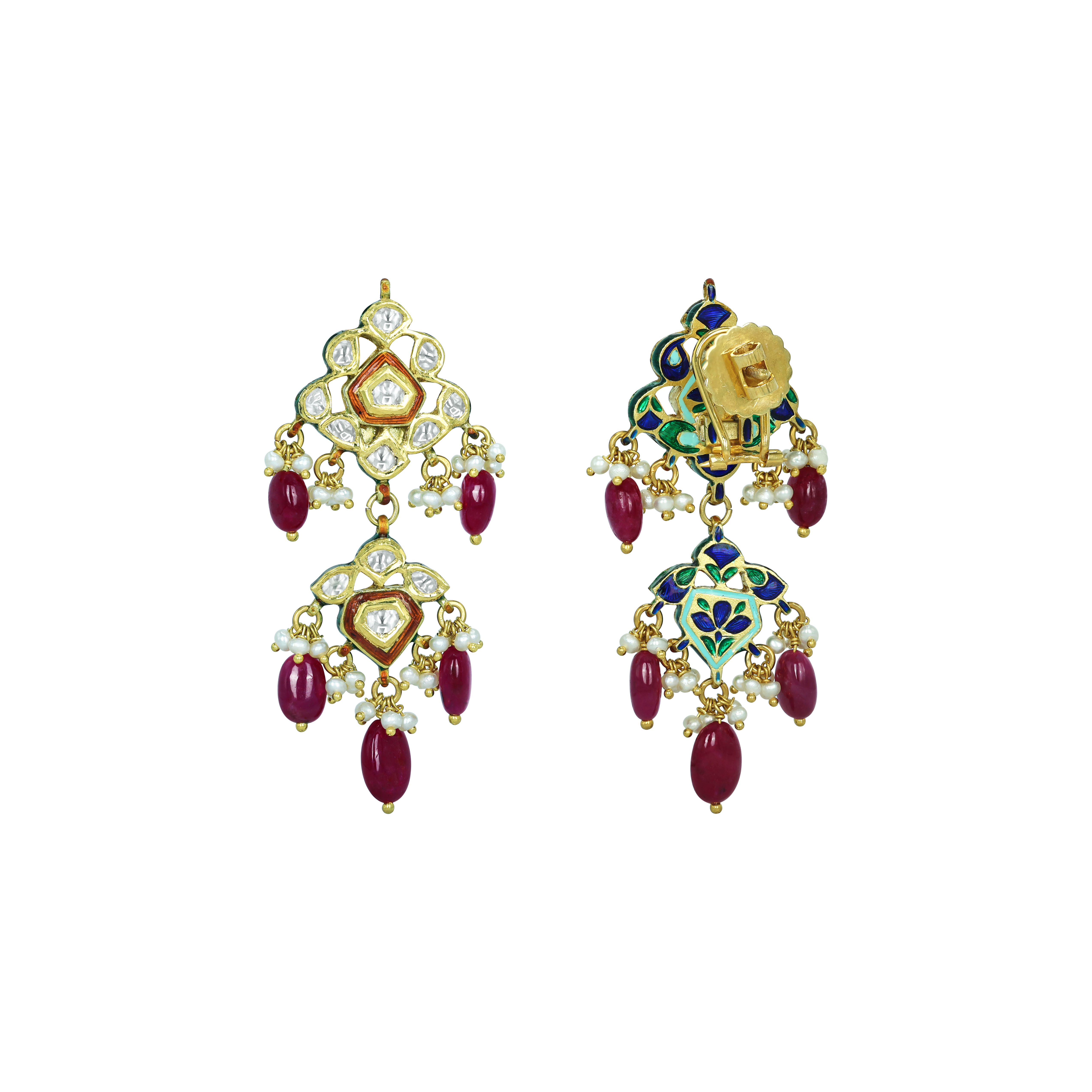 Polki Floral Earrings with Ruby Drops and Red Enamel