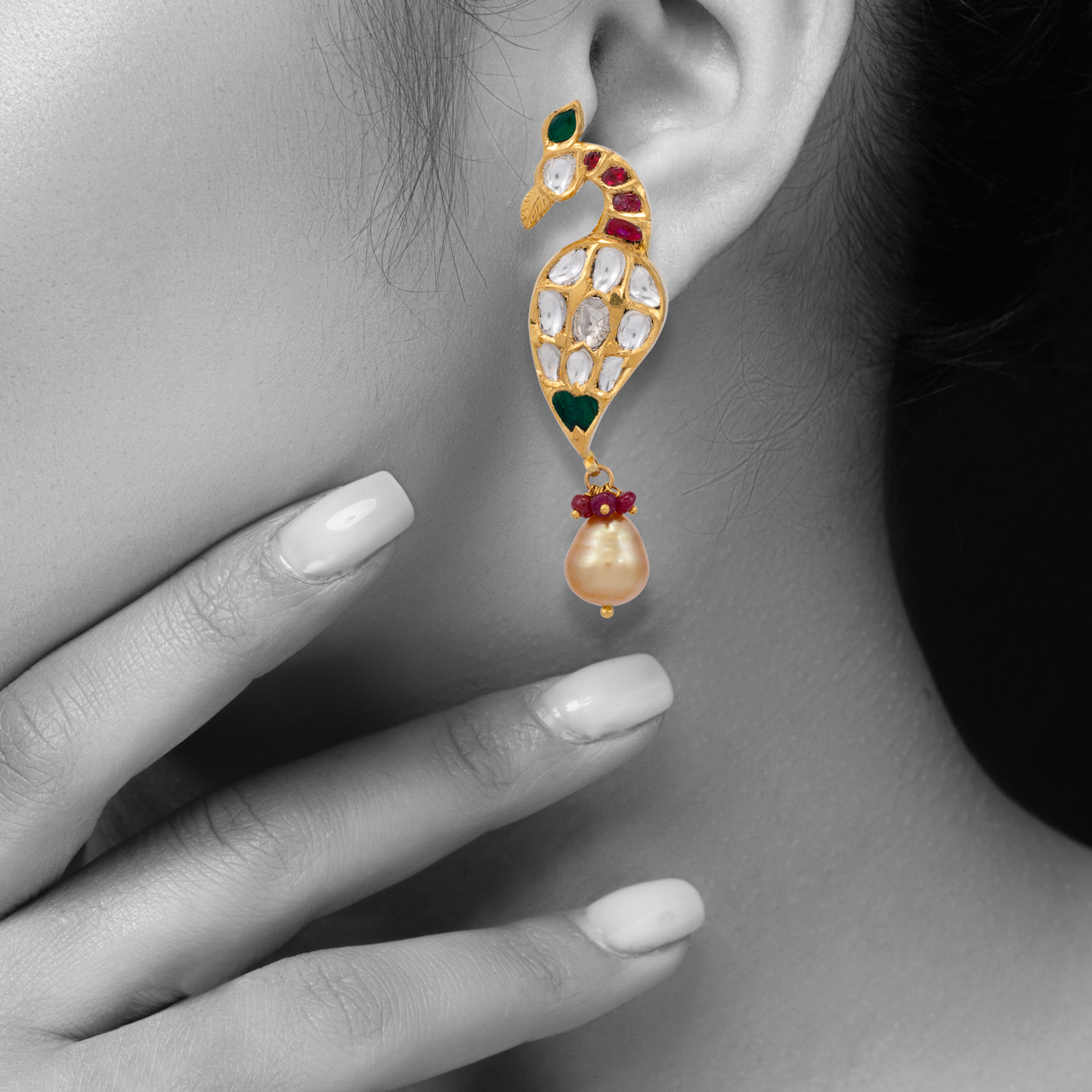 Peacock Motif Earrings with Uncut Polki and Pearl