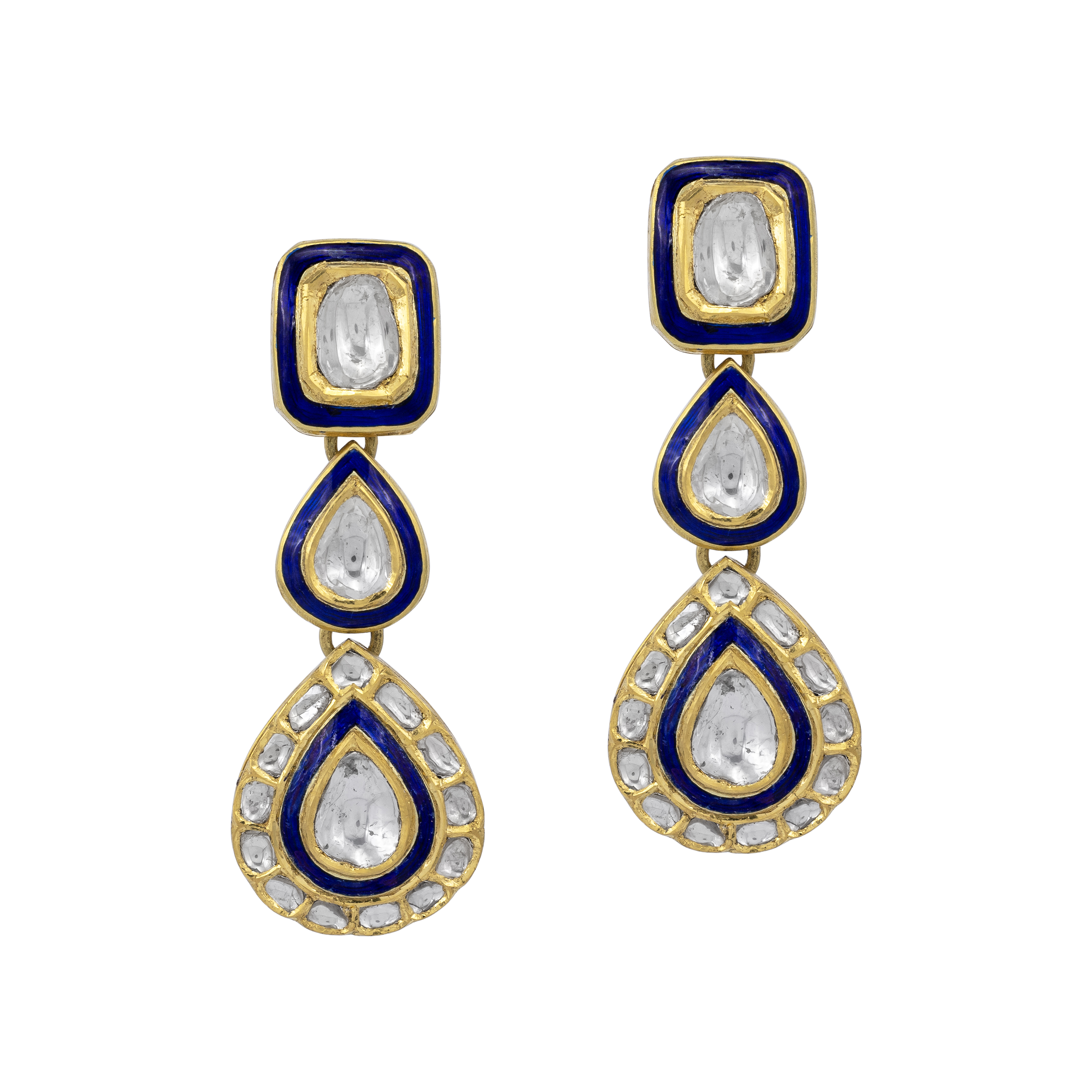 Three-Drop Polki Earrings with Enamel Detailing