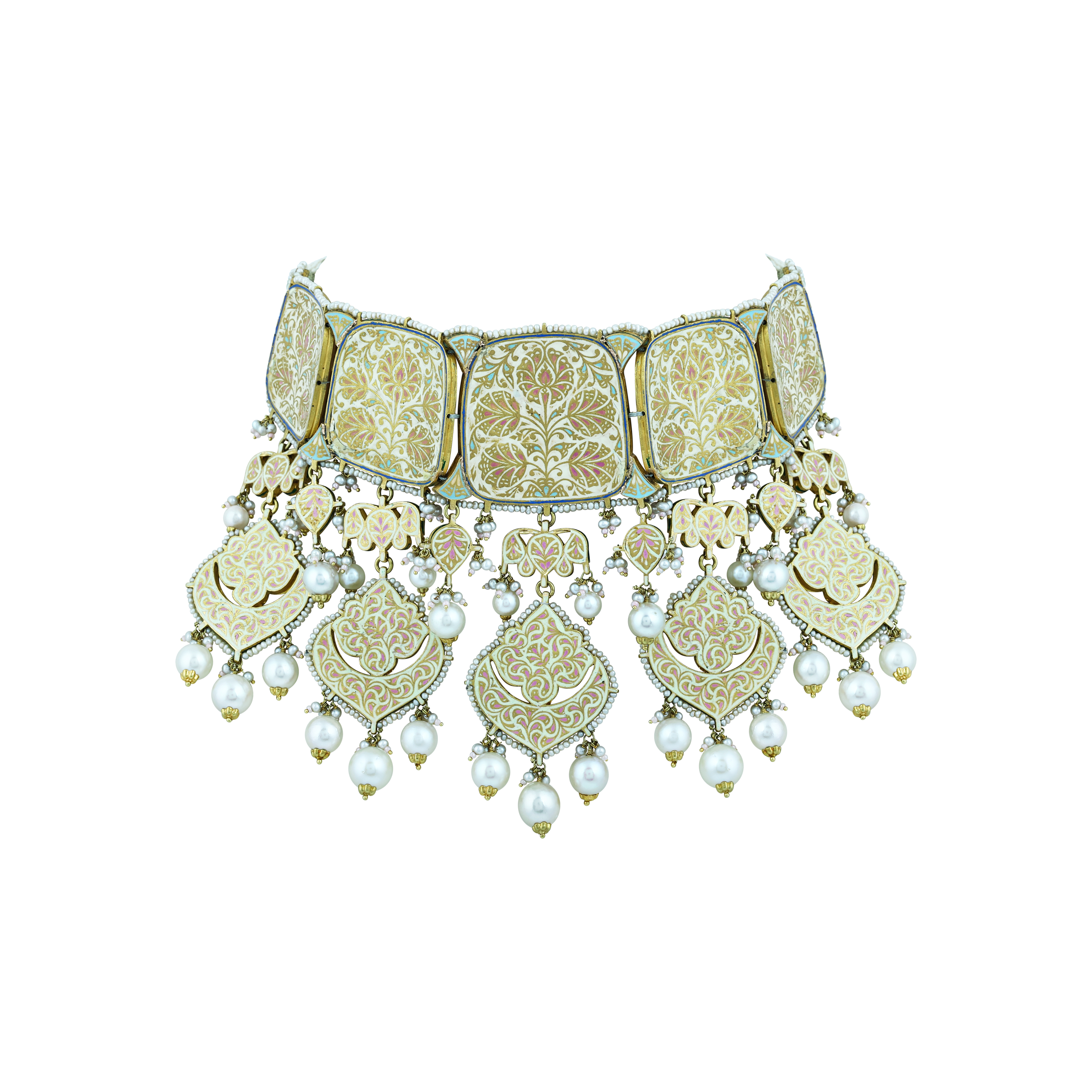 Rose Enamel Choker Set with Square Polki and Pearl Drops