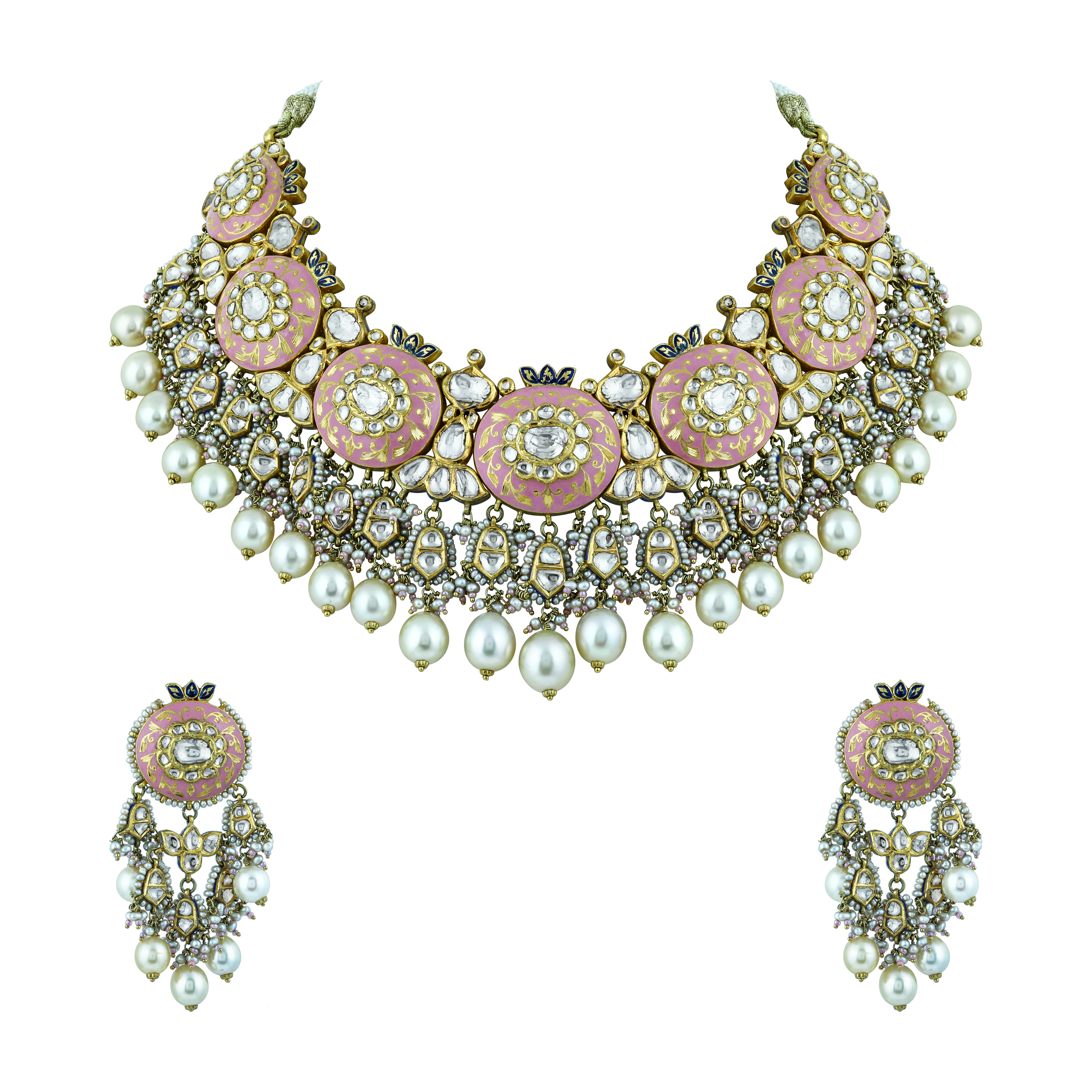 Pink Enamel Necklace Set with Uncut Diamond Polkis & Pearls