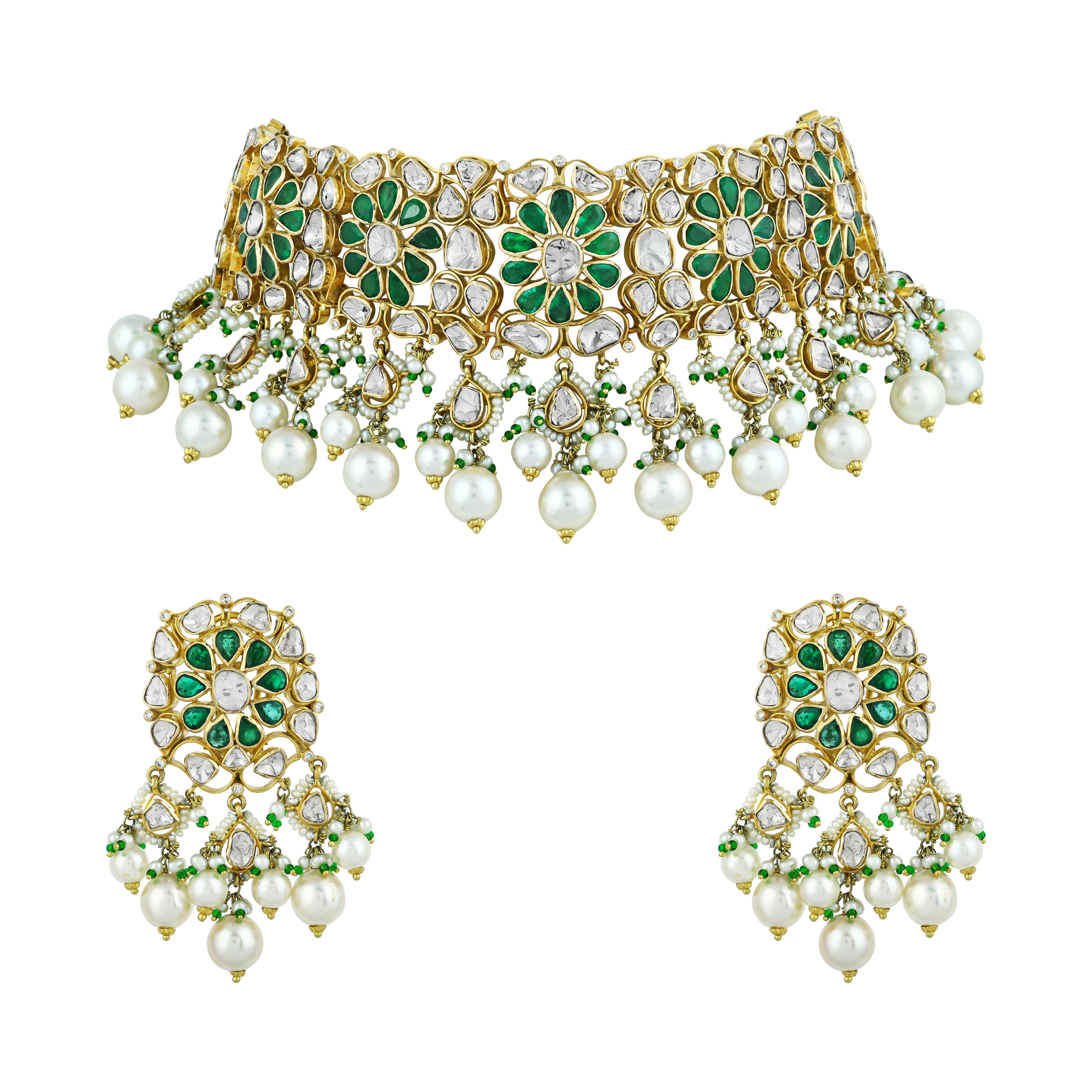 Floral Polki Choker Set with Emeralds and Pearl Drops