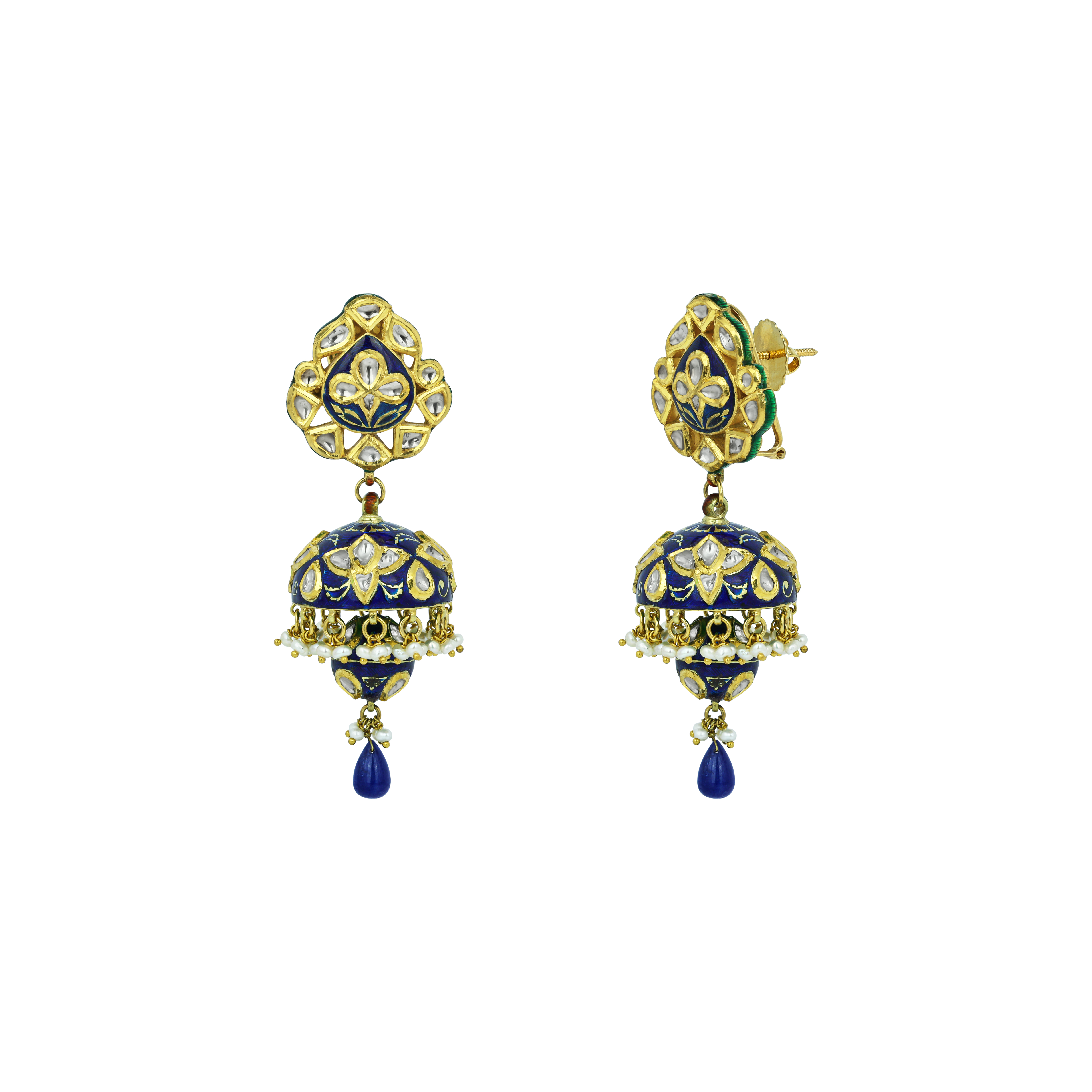 Blue Enamel Polki Jhumkas with Pearl Clusters