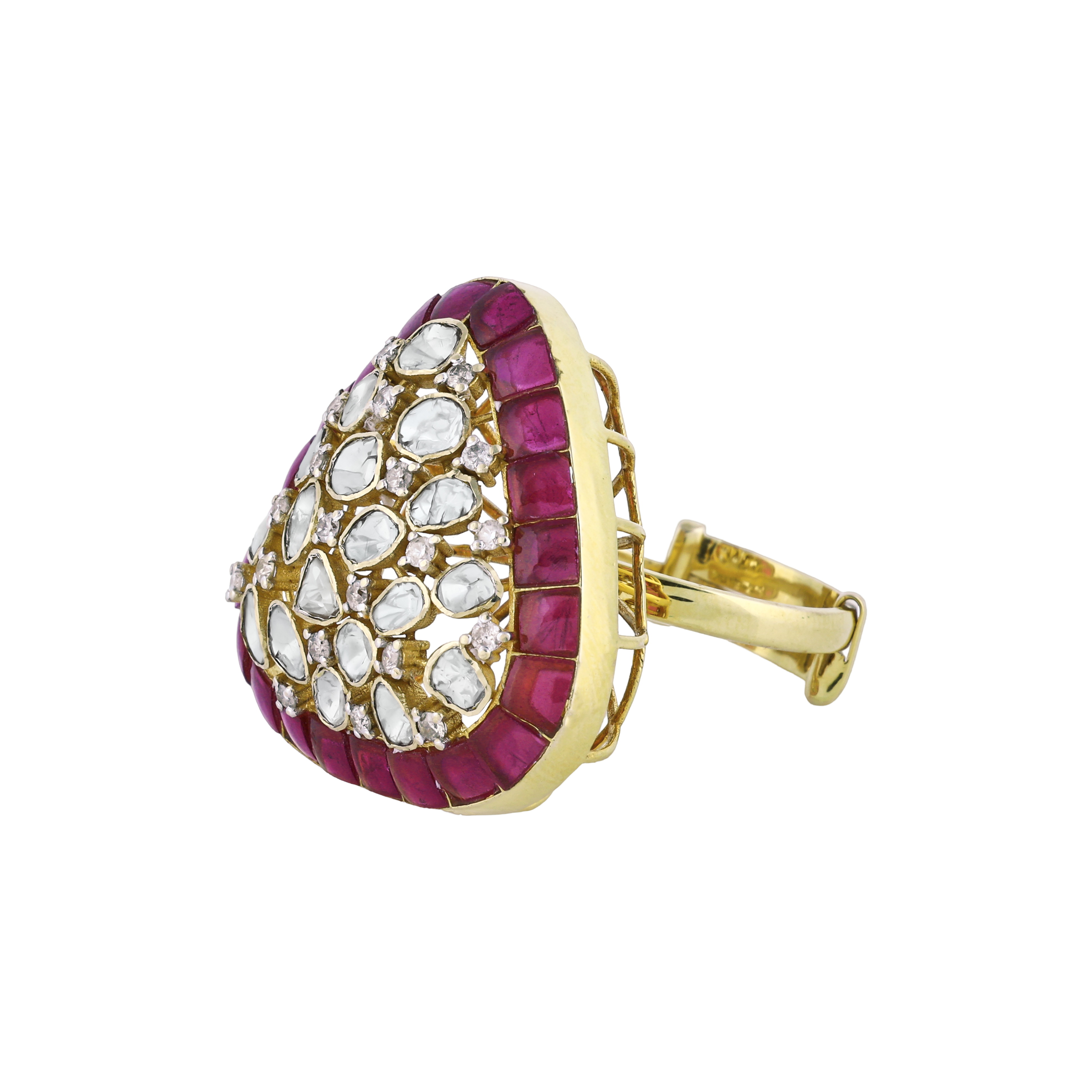 Triangular Polki Ring with Red Talaf and Diamond Cluster