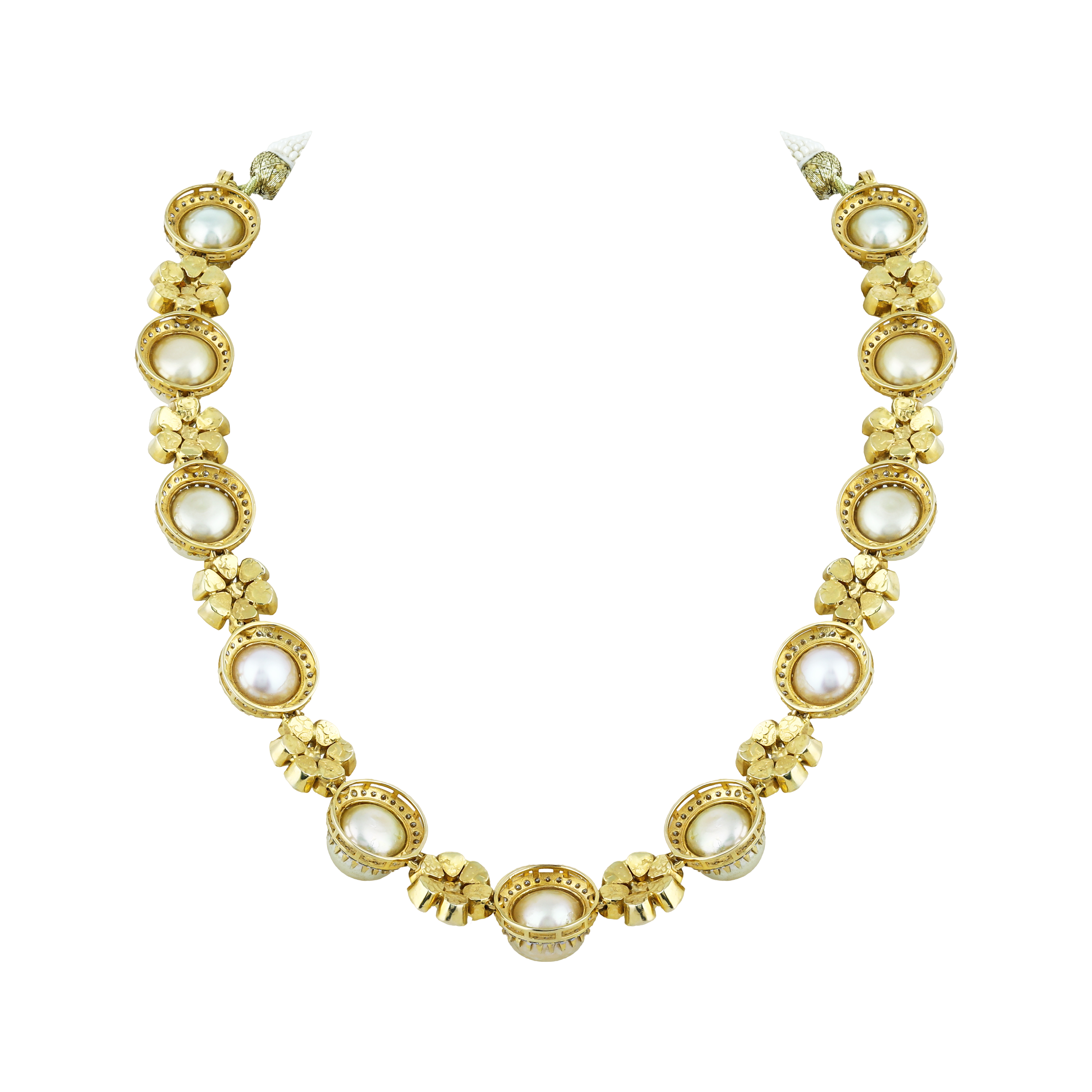 Pearl Necklace with Polki Floral Motifs & Diamond Halos
