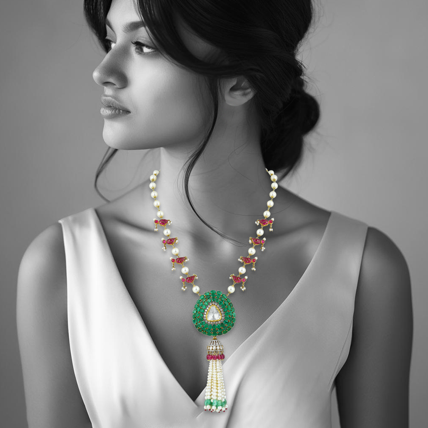 Emerald Polki Pendant with Ruby Motifs & Pearl-Emerald Tassels