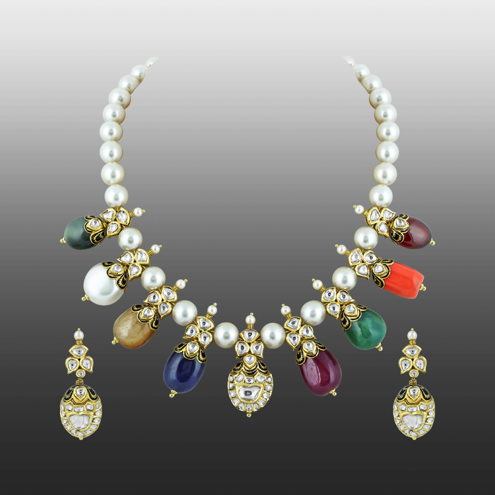 Navaratna Necklace Set with Pearls, Polki, and Vibrant Gemstones