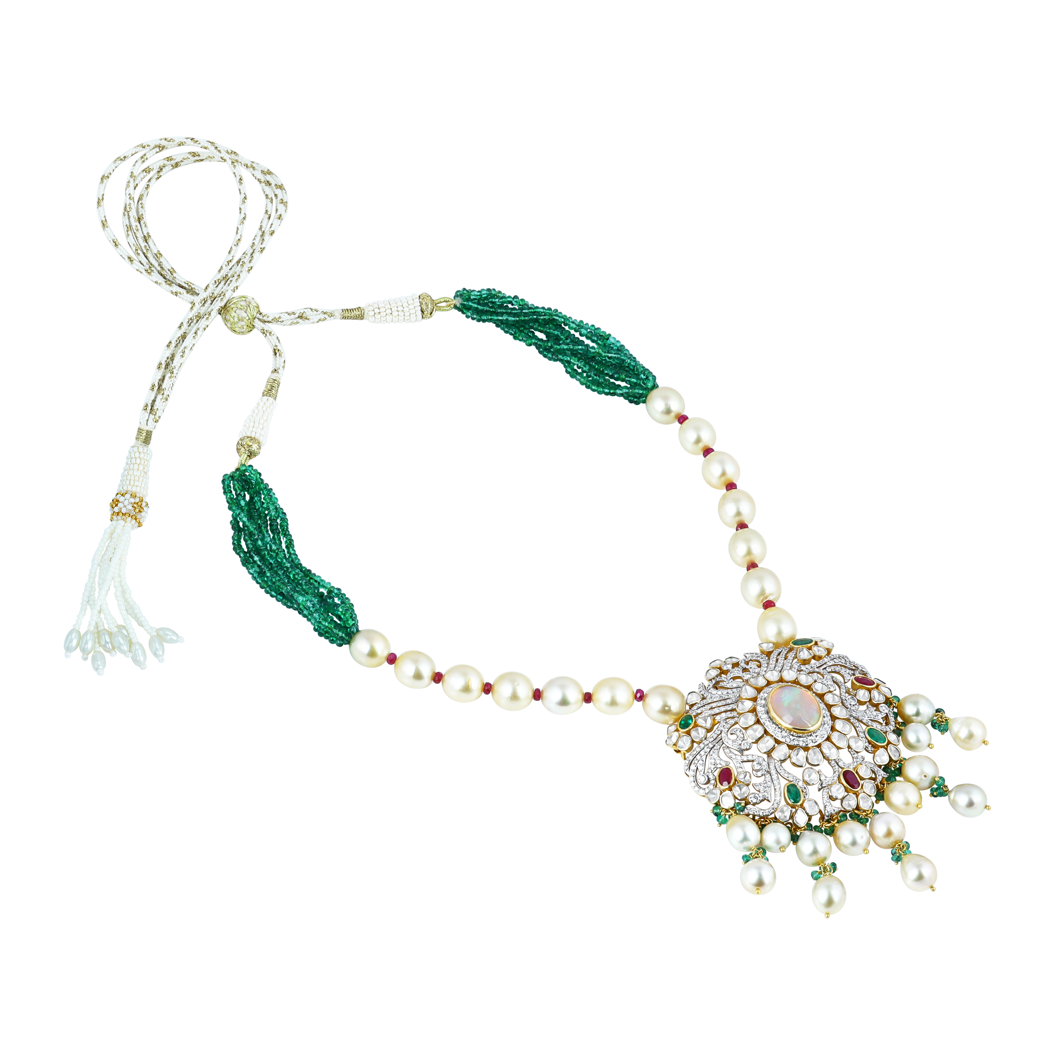 Opal Polki Pendant Necklace with Emeralds and Pearl Strands