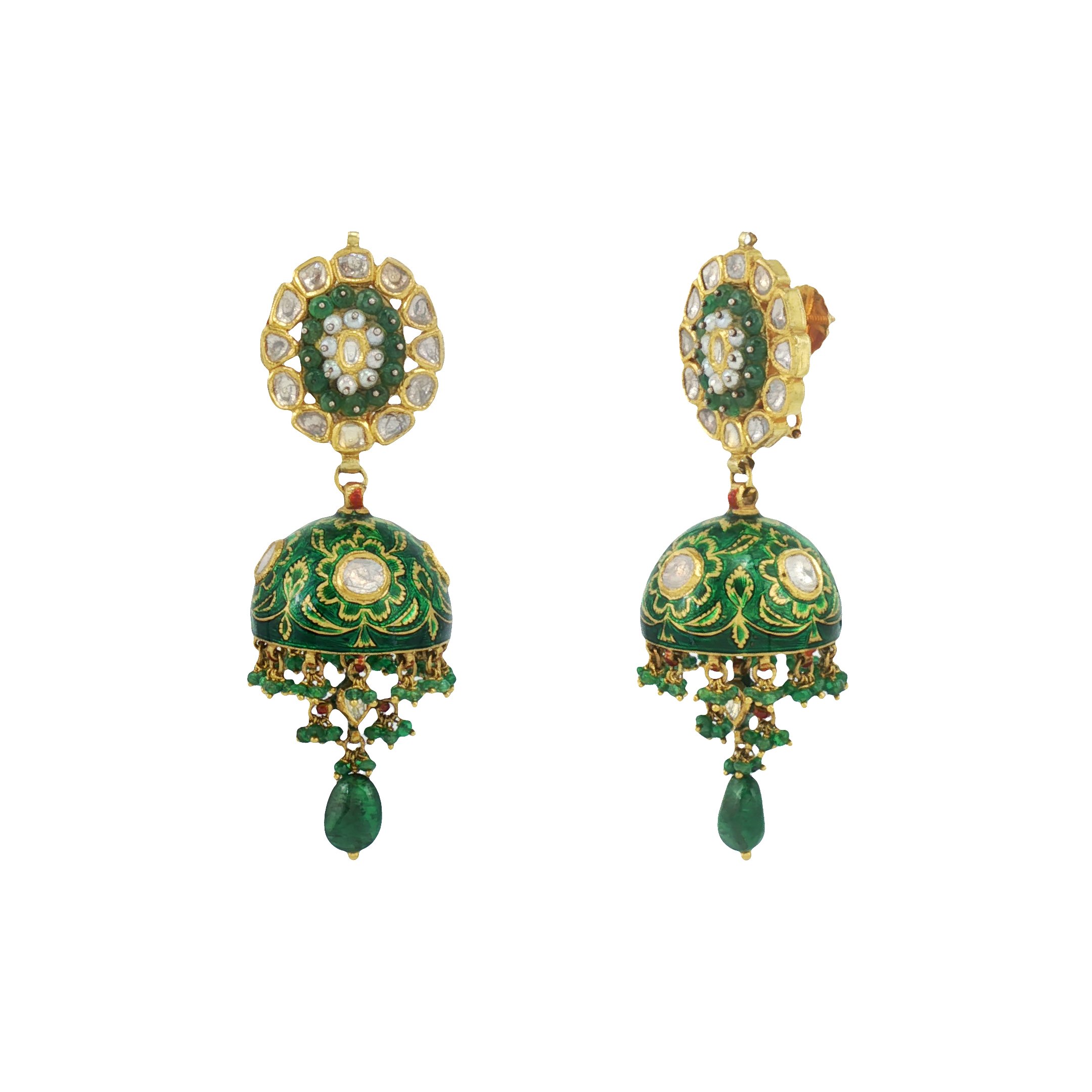 Emerald Bead Jhumkas with Polki Detailing