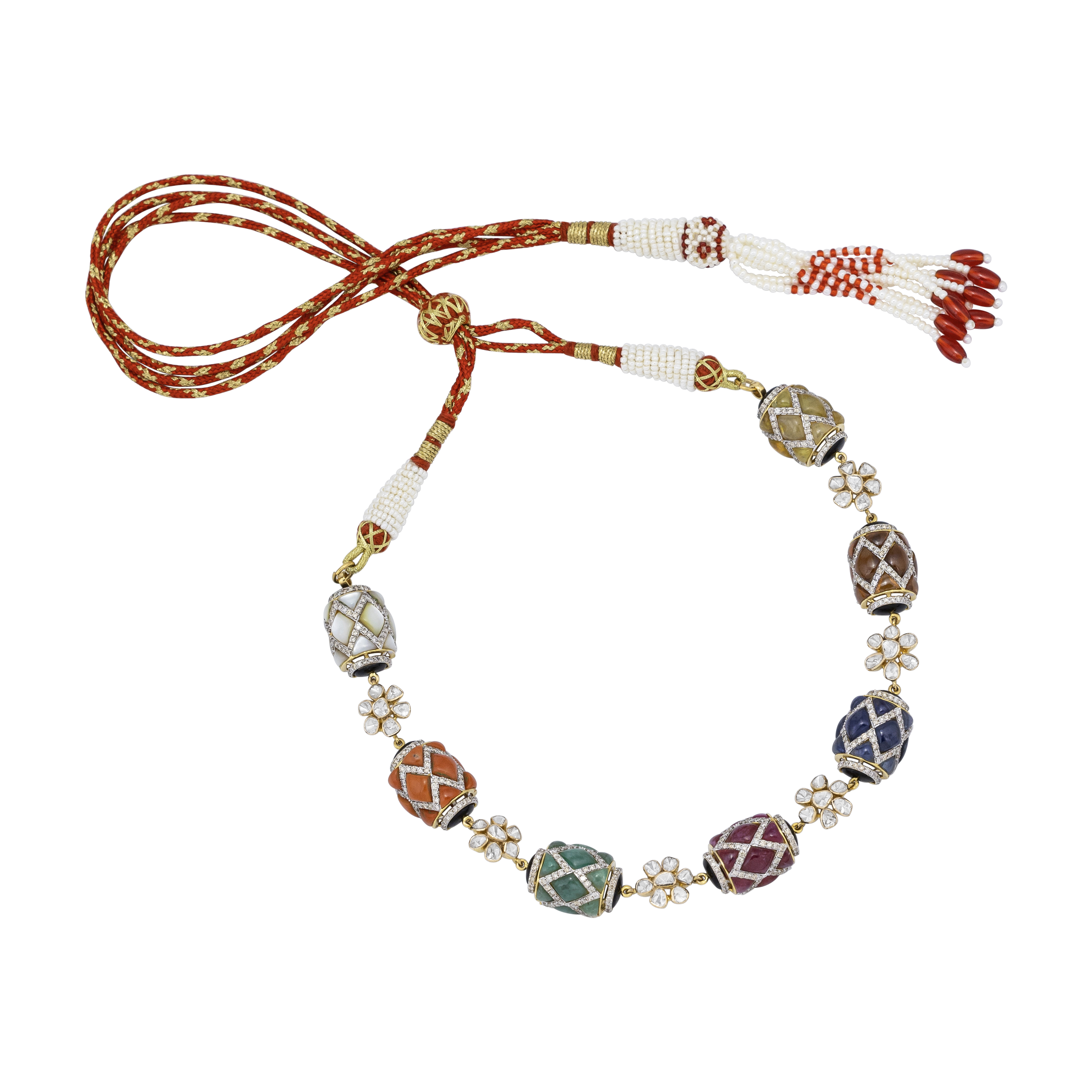 Navratna Bead Necklace with Floral Accents